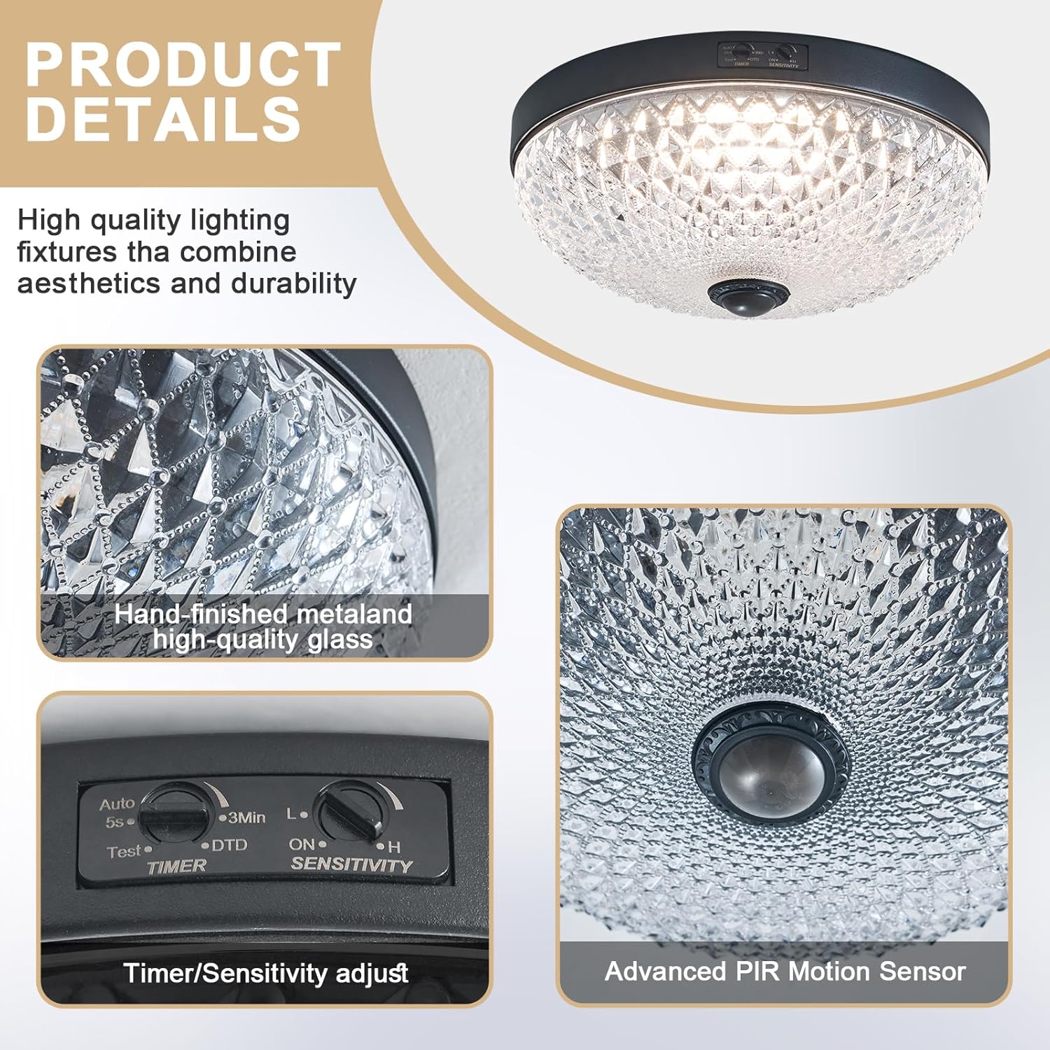 Motion Sensor Outdoor Flush Mount Ceiling Light, Industrial Glass Rustic Light LED Ceiling Lamp for Porch, Entryway, Garage