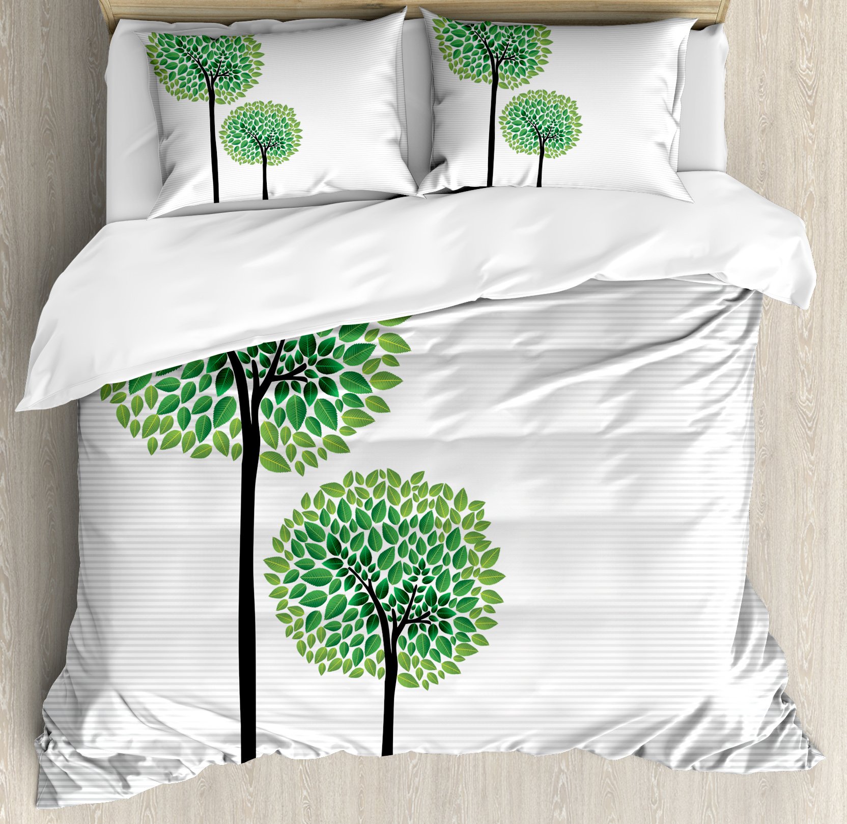 Ambesonne Abstract Duvet Cover Set, Trees with Fresh Green Leaves Nature Eco Illustration, Decorative 3 Piece Bedding Set with 2 Pillow Shams, Queen Size, Fern Green Lime Green Black