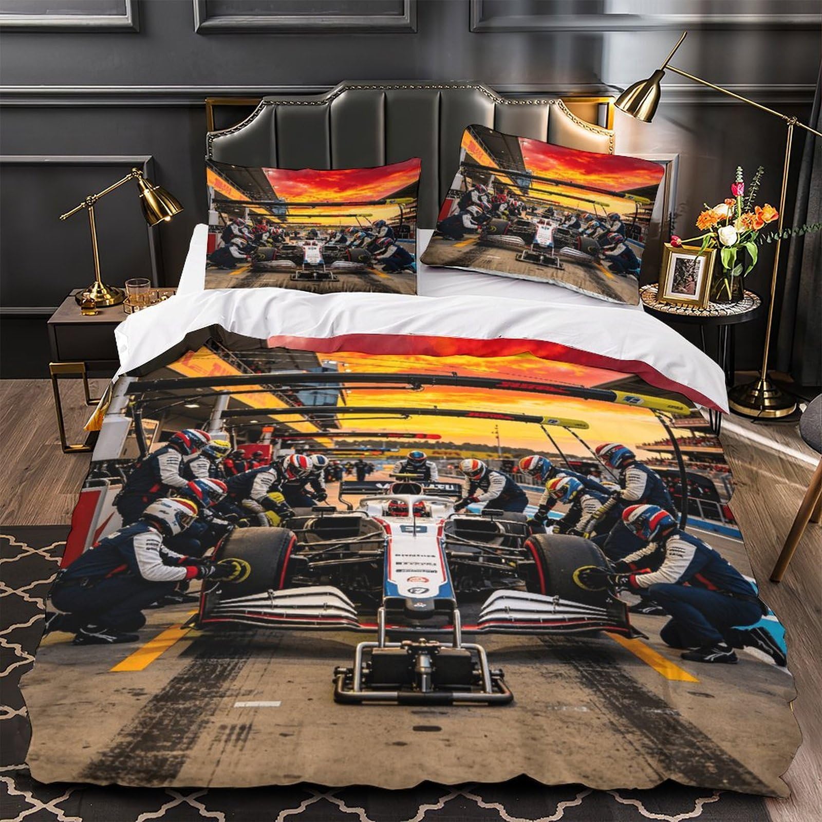 XiaopangXY Lovingly Formulaa Racing Quilt Cover King（220x240cm） With Hidden Zipper, Pit Stop Duvet Cover with Pillowcases, Soft Light Microfiber Comforter Cover for Boy & Girl Adults
