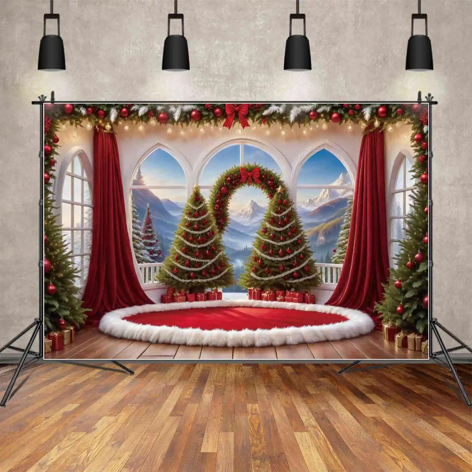 Hintergrund Weihnachtsbaum Geschenk Ornament Dekoration für zu Hause Hintergrund roter Vorhang Teppich Fenster Schneeberg Fotoshooting 350x230cm