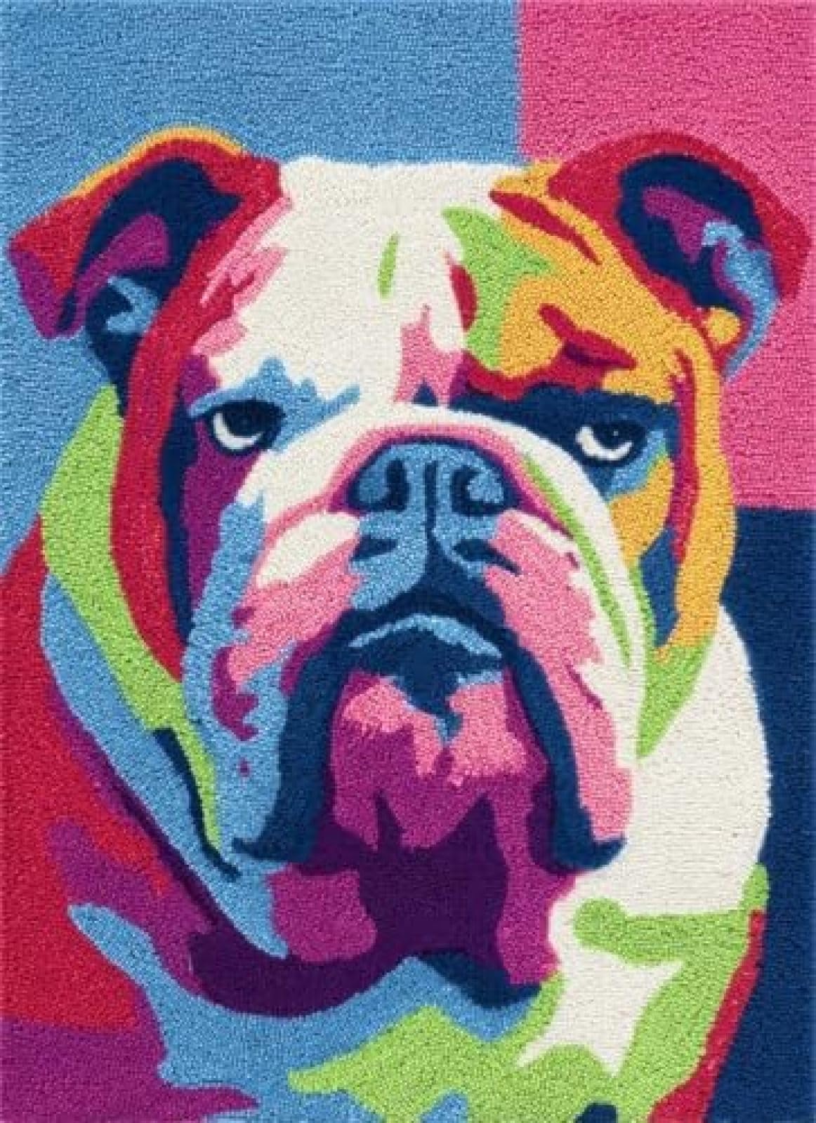 XDEGHUANGSS Latch Hook Rug Kit English Bulldog Dog Cute Portrait with Pre-Printed Mat Cover DIY Cushion Crochet Yarn Hooking Craft Set for Floor Decor 38x52cm