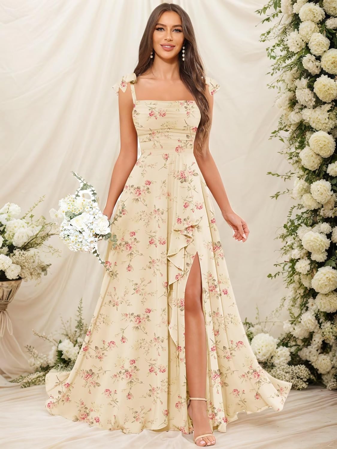 GUKARLEED Women’s Long Bridesmaid Dresses Wrap Ruffles Chiffon Scoop Neck Slit A-line Wedding Guest Formal Dress with Pockets - Image 5