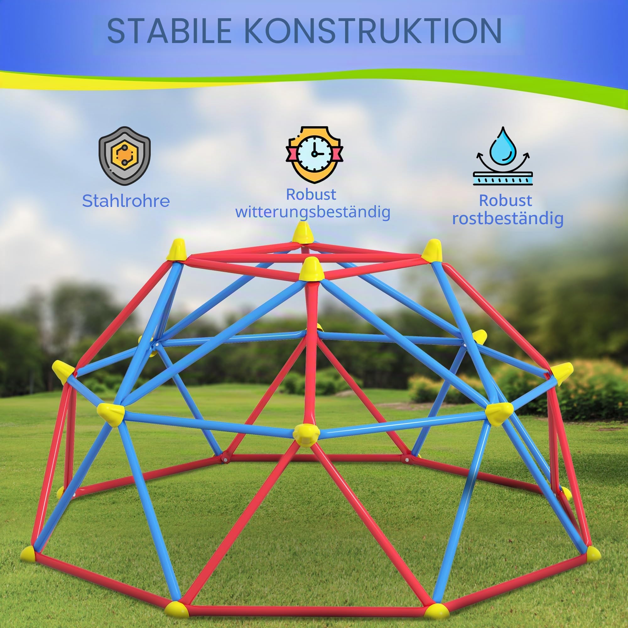 Outsunny Kletterkuppel für Kinder, 183 cm, Kletterkäfig aus Metall, maximale Belastung 180 kg, Outdoor-Spielplatz für Kinder von 3 bis 8 Jahren, einfache Montage, mehrfarbig