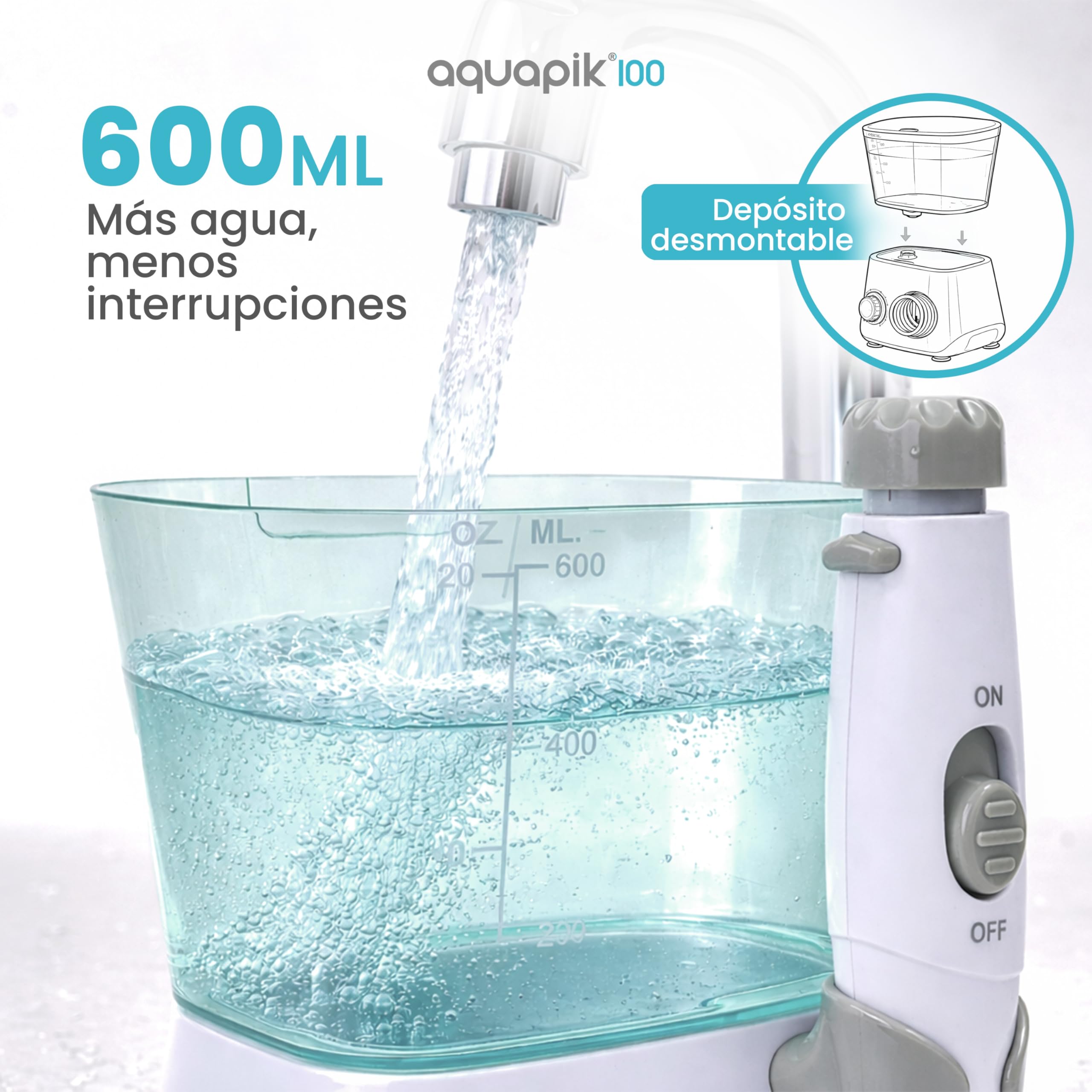 Irrigador dental Aquapik100® profesional waterflosser limpieza profunda 10 niveles de presión 8 boquillas depósito 600ml para encías sensibles ortodoncia puentes implantes elimina placa dental Blanco