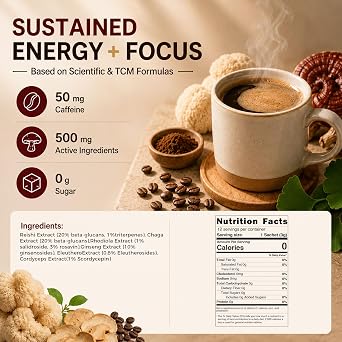 Mushroom Coffee Mix 7 in 1, TCM Designed for Energy with Reishi, Cordyceps, Chaga, Rhodiola, Ginseng, and Eleuthero Mushroom Extracts 12 Sachets