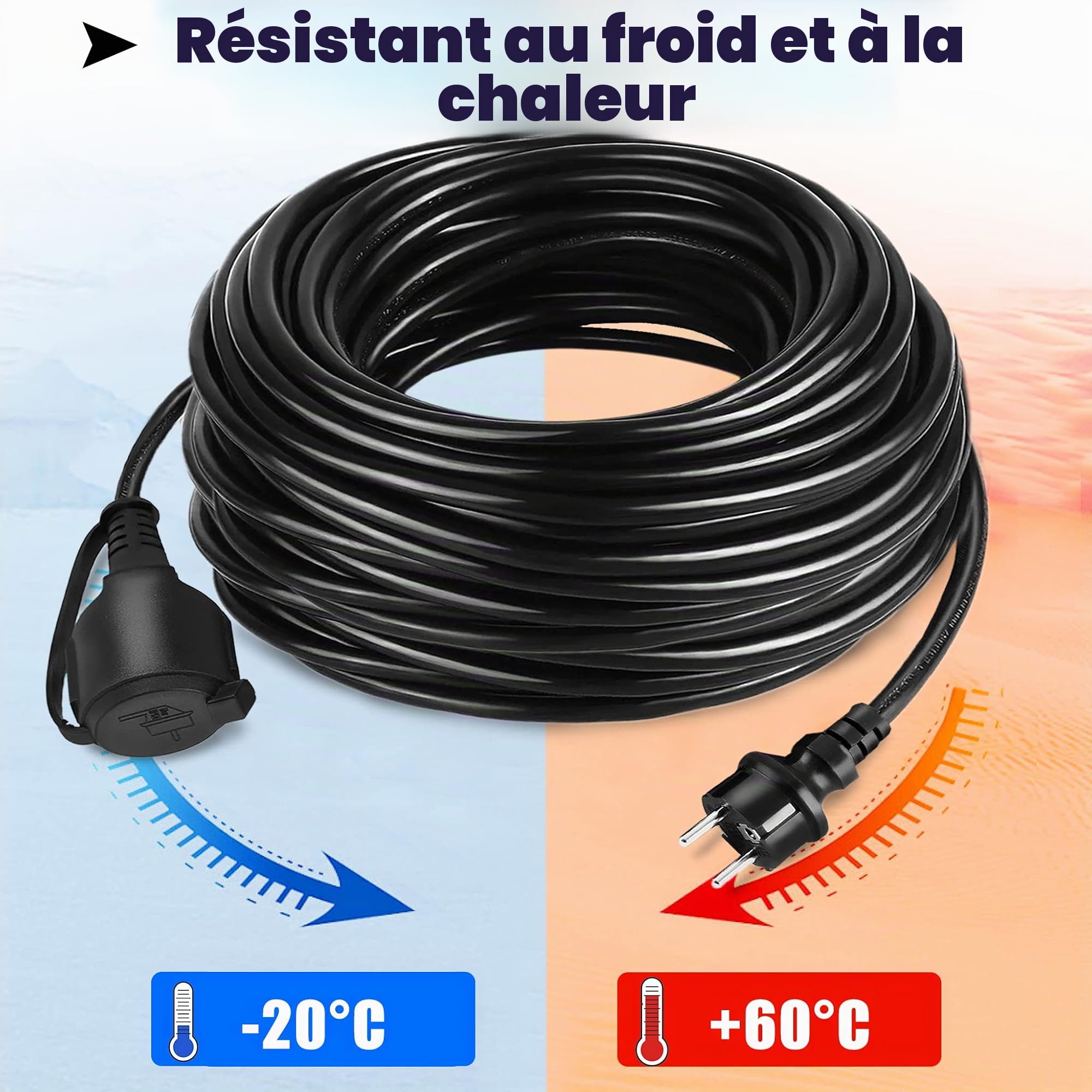 LZQ Rallonge électrique avec capuchon de protection - 30 m - 230 V - IP44 - Pour l'extérieur - Noir