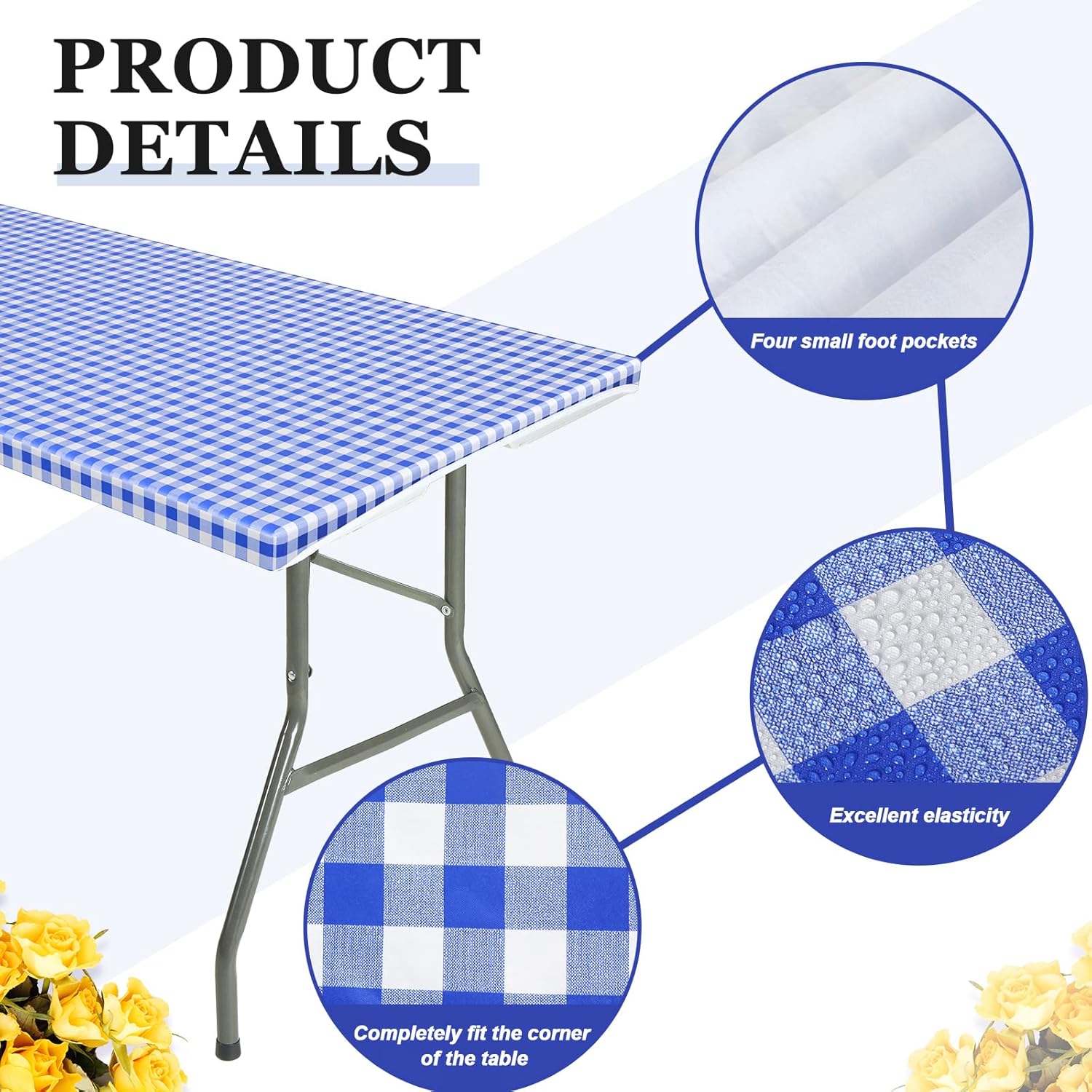 6 Pcs Tablecloth for Folding Fitted Rectangular Table Cloth 30 x 72 Inch Vinyl Waterproof Plastic Table Cover Flannel Backed with Elastic Rim for Indoor Outdoor Picnic Party (blue and white grid)