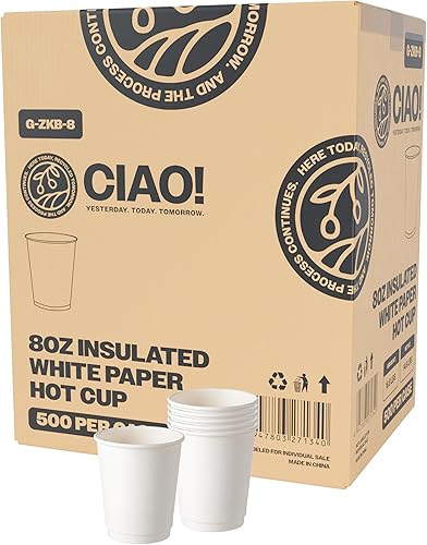 Ciao! Vaso caliente de papel de pared doble aislado de 8 onzas, blanco, 500 unidades