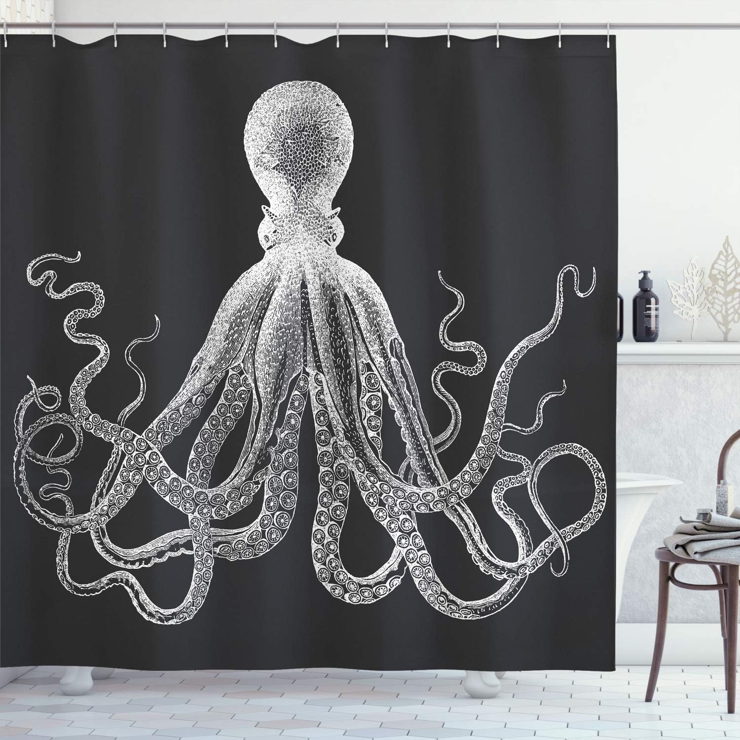Ambesonne Nautical Shower Curtain, Vintage Engraved Illustration of an Octopus Sea Creature Monochrome Art, Cloth Fabric Bathroom Decor Set with Hooks, 69" W x 70" L, Dark Blue