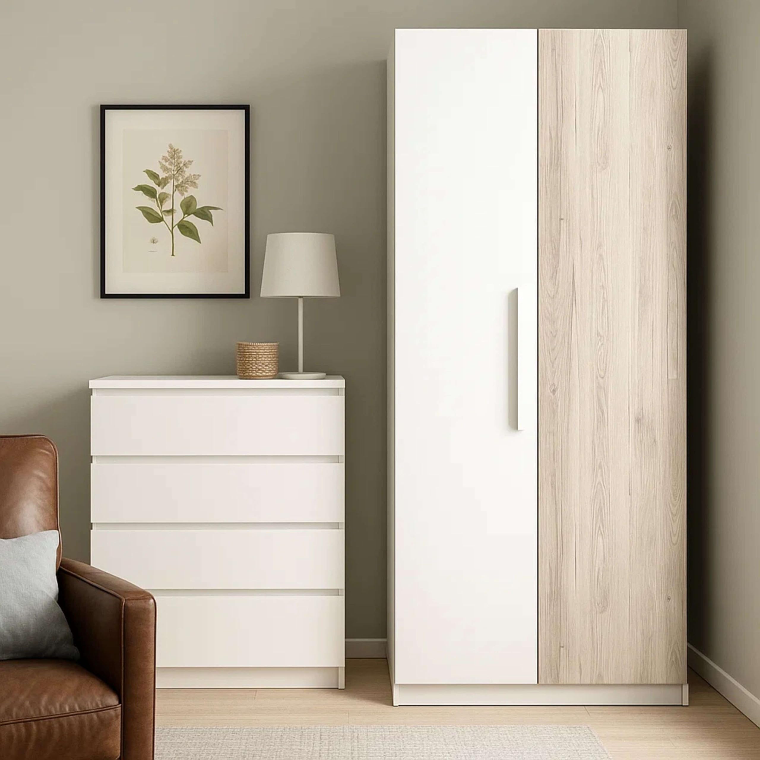 Miroytengo Mueble Armario para Habitación Dormitorio Juvenil Estelle Estilo Nórdico en Color Blanco Mate y Roble Sahara con 2 Puertas 90x200 cm