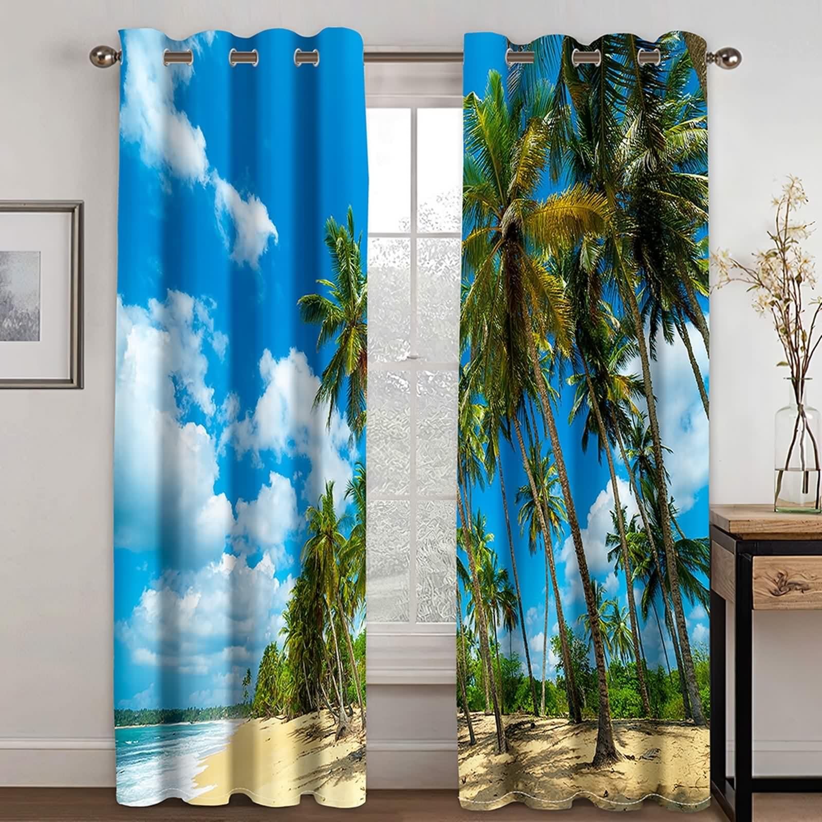 Rideau de Cuisine Long, Rideau Anniversaire Bleu Blanc Vert Polyester Plage de Ciel Bleu et Cocotiers 132L x 274H CM Lot de 2