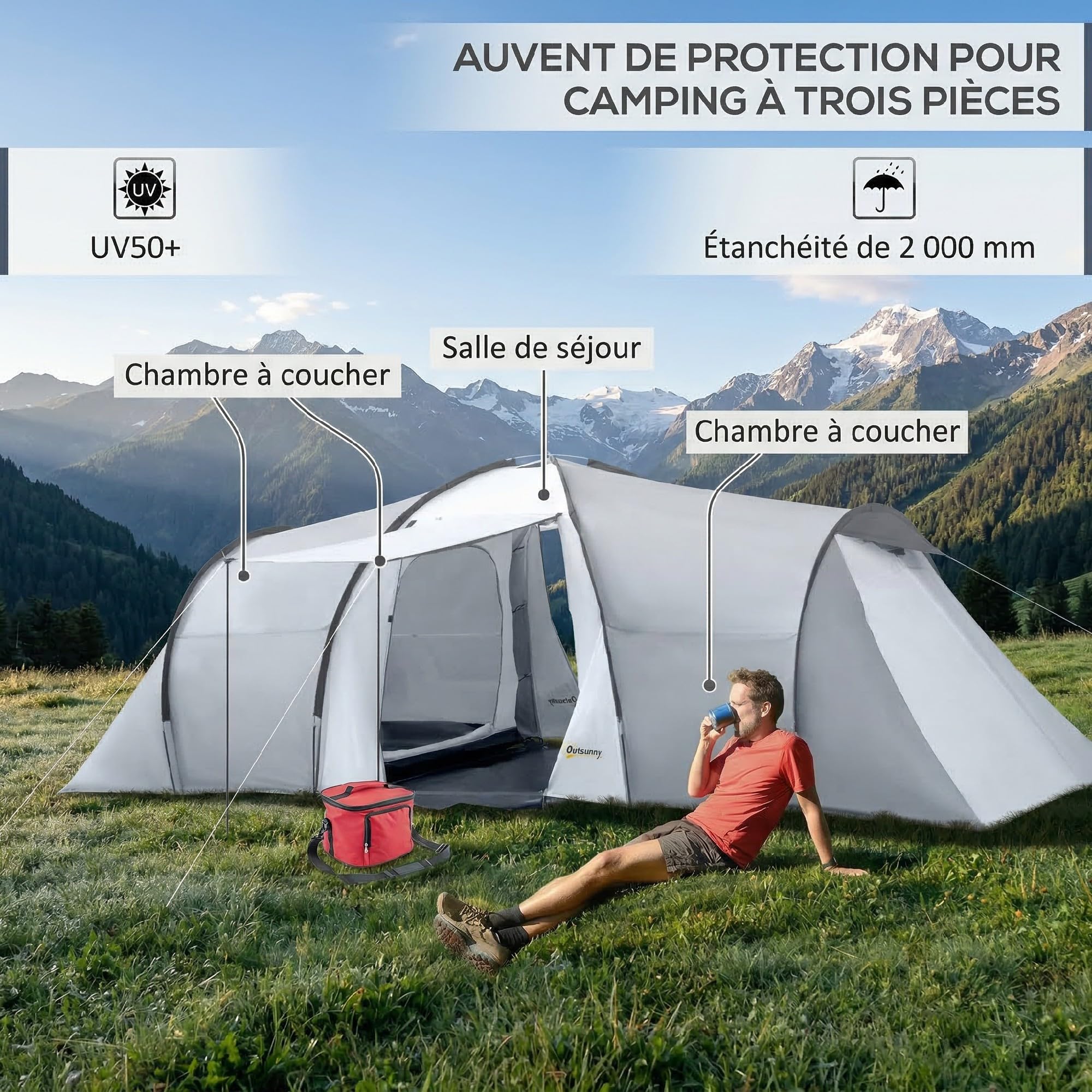 Outsunny Tente de Camping Familiale Dôme, 4-6 Personnes, Multicolore | 2 Chambres, 1 Séjour, Auvent Imperméable 2000 mm, Protection Anti-UV, Sac de Transport