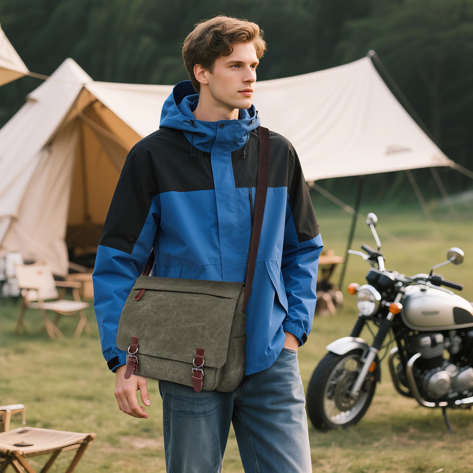 Moda Bolso de Bandolera Hombres Bolsa de Hombro Lona para Viaje Escolares Trabajo Bolsos 13.3 Pulgadas Portátil Cruzados Bolsa de Ordenador Hombres Lona Messenger Bag Verde