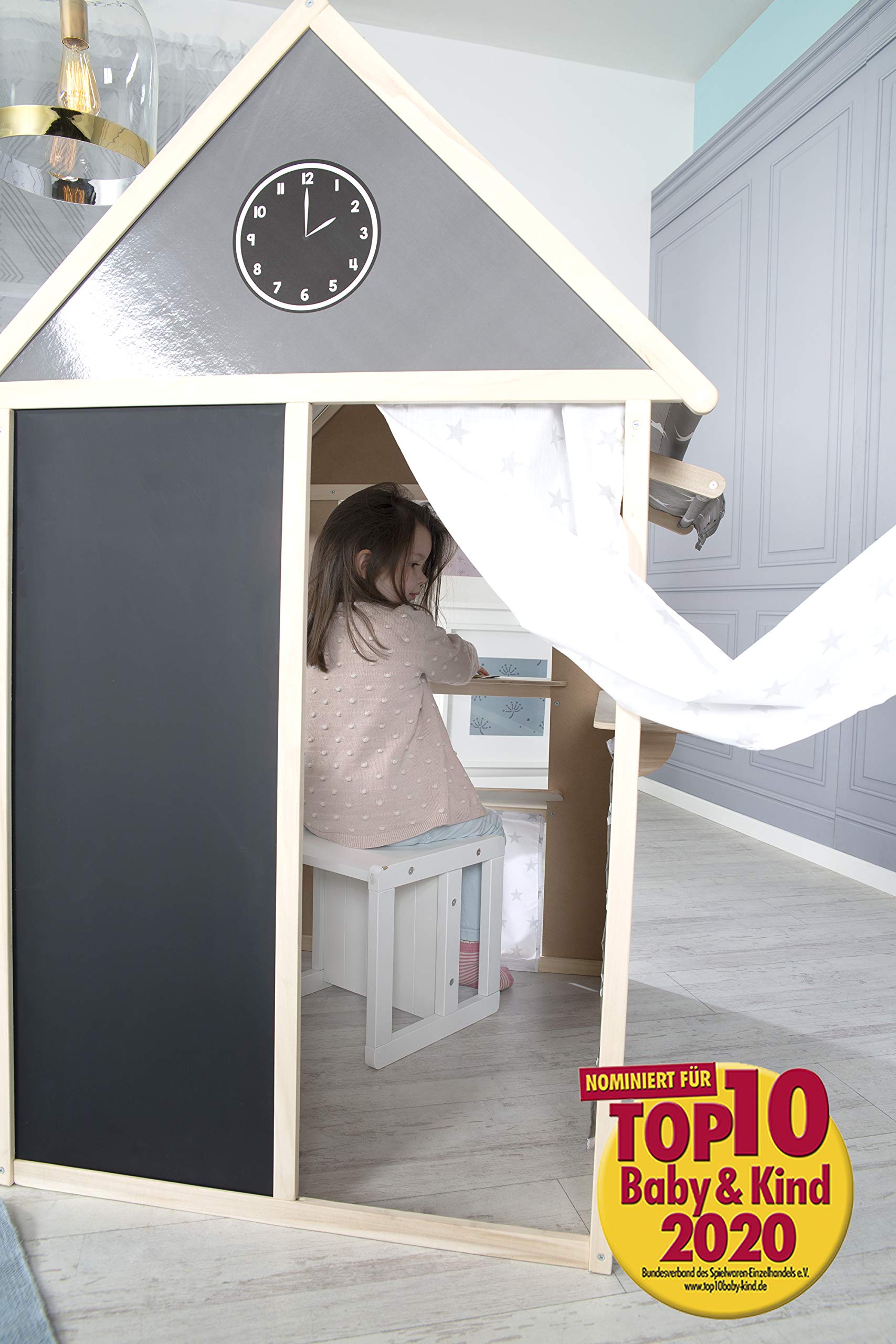 roba Casetta per bambini, Contiene negozio, Teatro delle marionette, Lavagna, Sportello per ufficio postale banca chiosco, Grigio