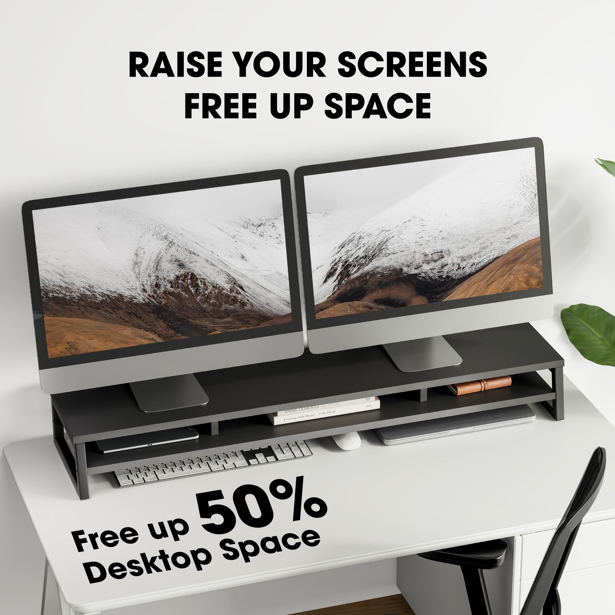 Fenge podwójny stojak na monitor Riser 108 cm duży stojak na ekran komputera do PC/laptopa/faksu/drukarki/telewizora, organizer na biurko, nośność 45 kg (czarny)
