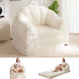 MAXYOYO Folding Sofa Bed 2-in-1 Convertible to Lounger, Comfy Faux Fur Bean Bag Chair for Adults, Portable Floor Couch Bed - Beige