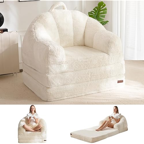 MAXYOYO Folding Sofa Bed, 2 in 1 Convertible Sofa to Lounger Comfy Single Bean Bag Chair for Adults, Floor Sleeper Couch with Handle, Faux Fur Couch Bed for Living Room Bedroom, Beige