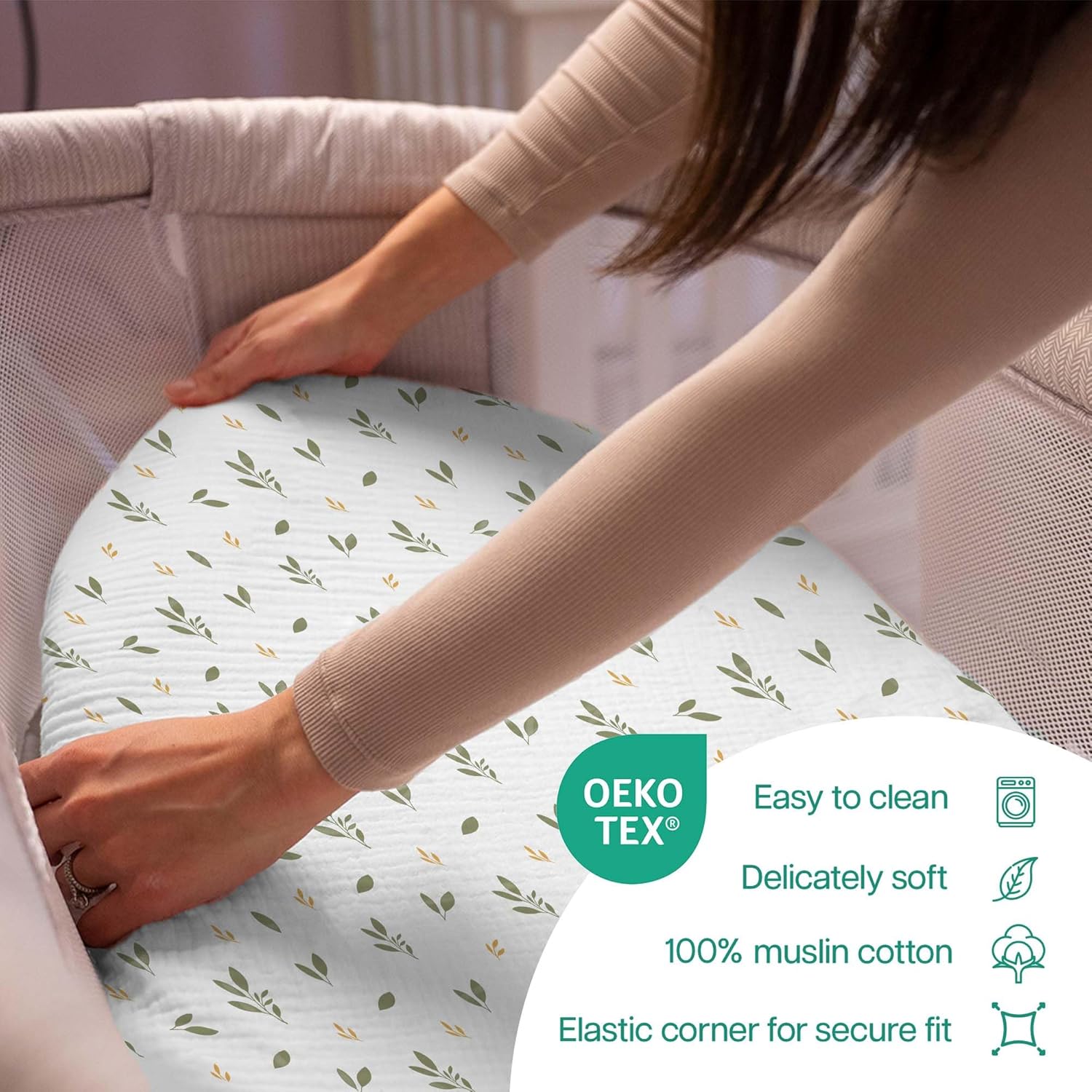 Mi Flor Muslin Bassinet Sheets – 16x32x4 Bassinet Mattress Sheets,2 Pack Cotton Bassinet Sheets for Boys & Girls,100% Cotton Crinkle Muslin, Fitted Bassinet Sheet for Oval, Rectangle & Hourglass - Image 4