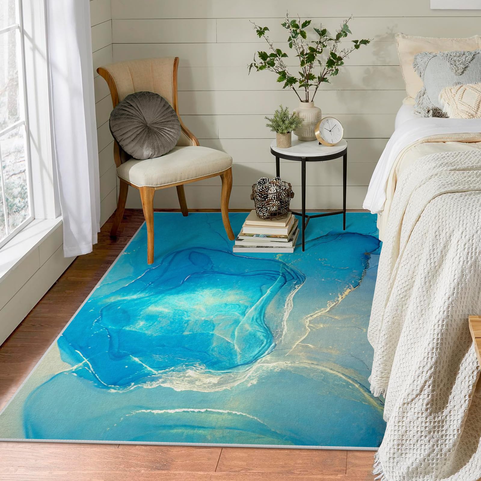 Tapis Marbre Bleu Canard Lavable en Machine Tapis Salon 120x200 Poil Court, Turquoise Tapis Descente de Lit Chambre Doux Tapis Sol Absorbant, Moquette Decoration Chambre Ado Adulte