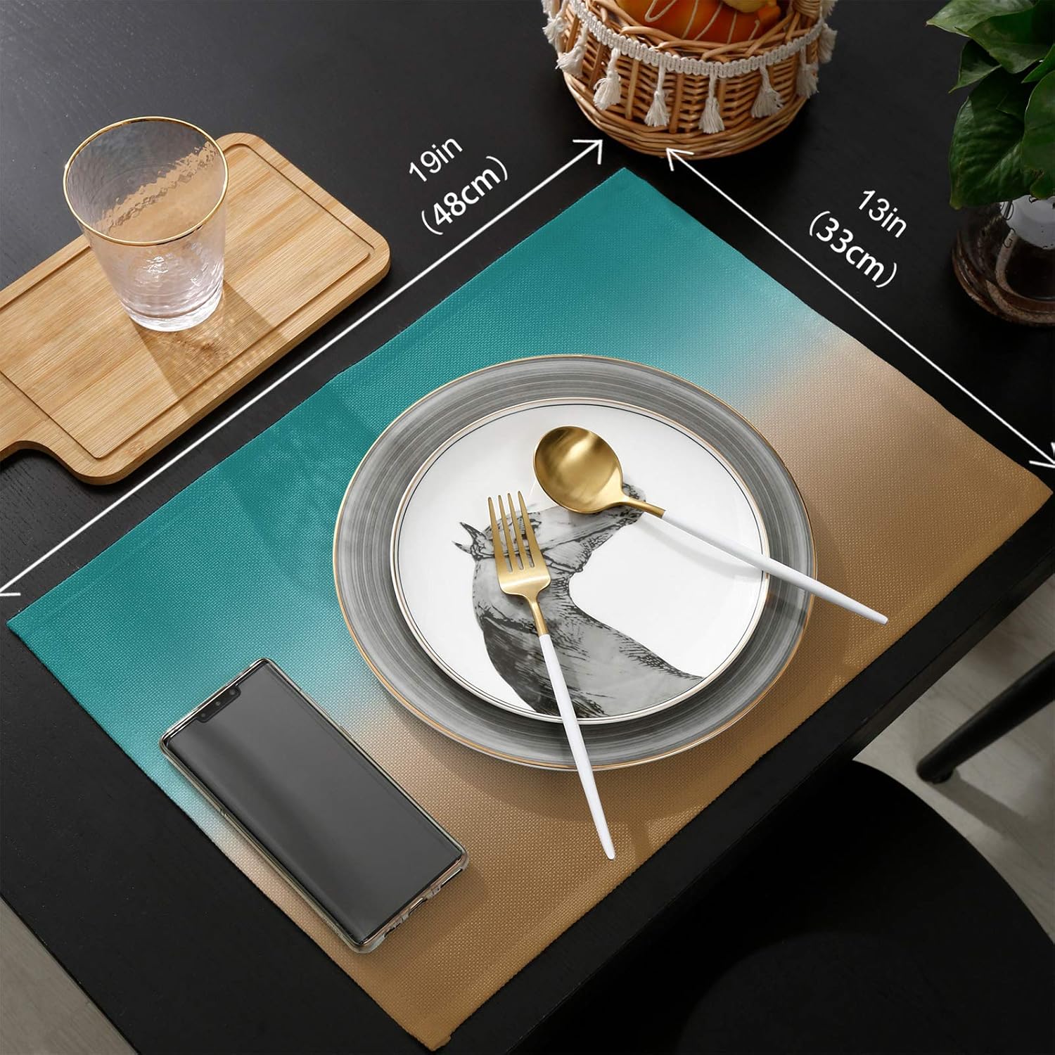 Artwork Store 70 Inch Table Runner and Placemats Set of 6 Kits for Dinner Table, Ombre Turquoise Brown Heat Resistant Cotton Linen Table Runner and 6pcs Table Mats for Dining Table Sets