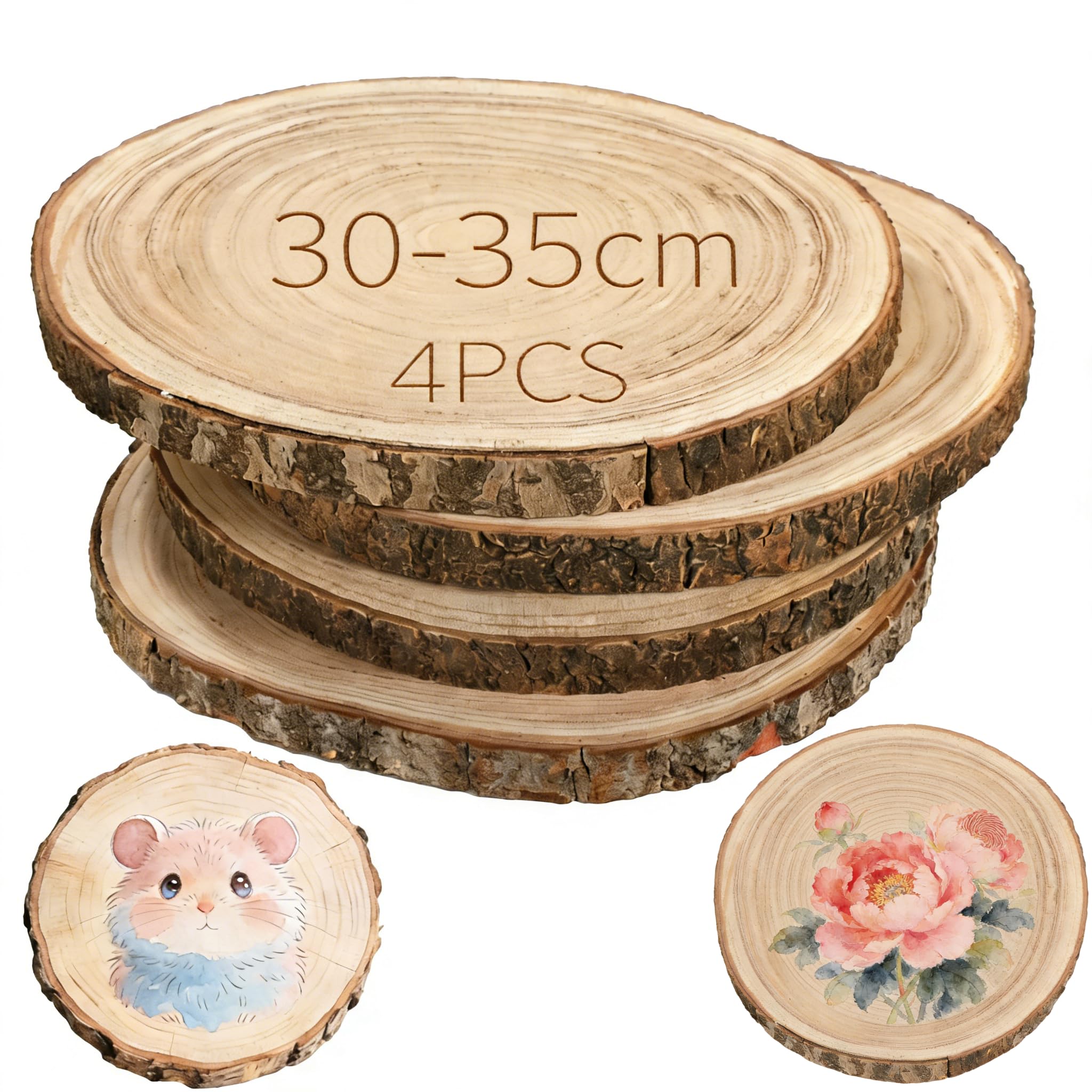 4 Stück Paulownia Holzscheiben 30-35 cm, Unbehandelte Holzscheiben für Bastelarbeiten, 2 cm dick, Natürliche Baumrinde Kreise für DIY-Projekte und Wohnkultur