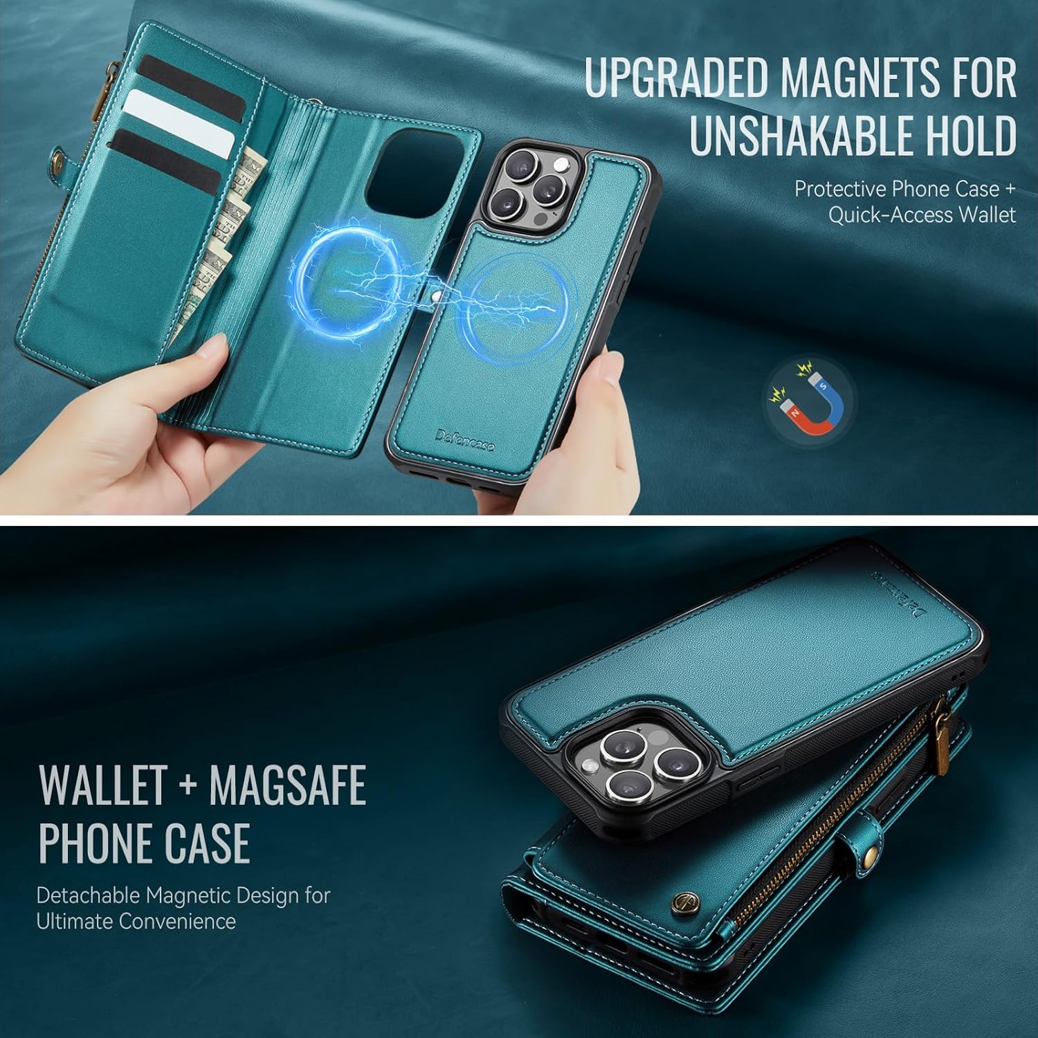 Defencase for iPhone 15 Pro Max Magnetic Wallet Case Compatible with Magsafe with RFID Blocking Zipper Strap Card Holder for Women, PU Leather Detachable Case for iPhone 15 Pro Max (6.7"), Blue Green - Image 3
