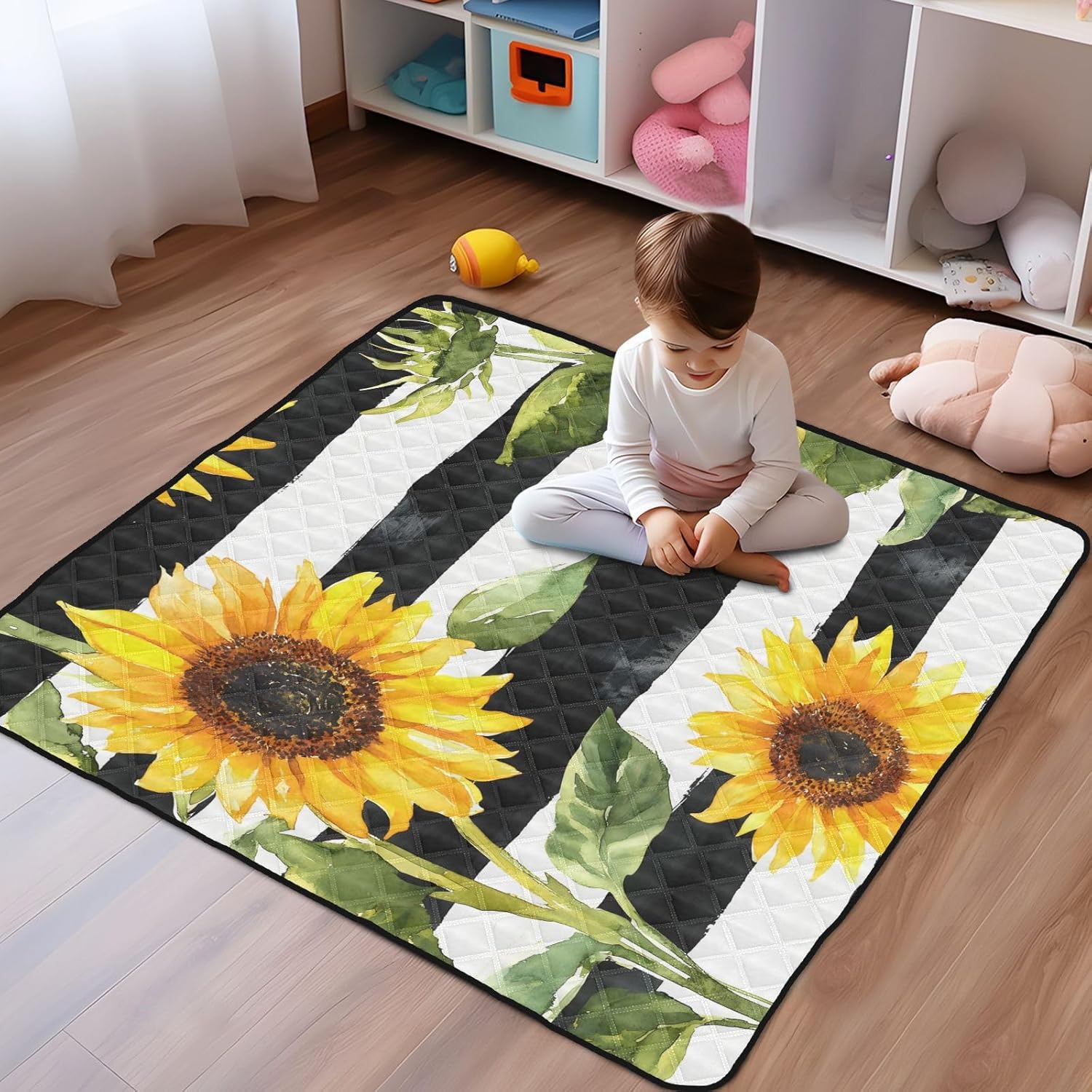 Watercolor Sunflower and Stripe Pattern Baby Play Mat, 50“ X 50” Washable Folding Crawling Mat, Baby Floor Mat, Soft, Thick, Non-Slip