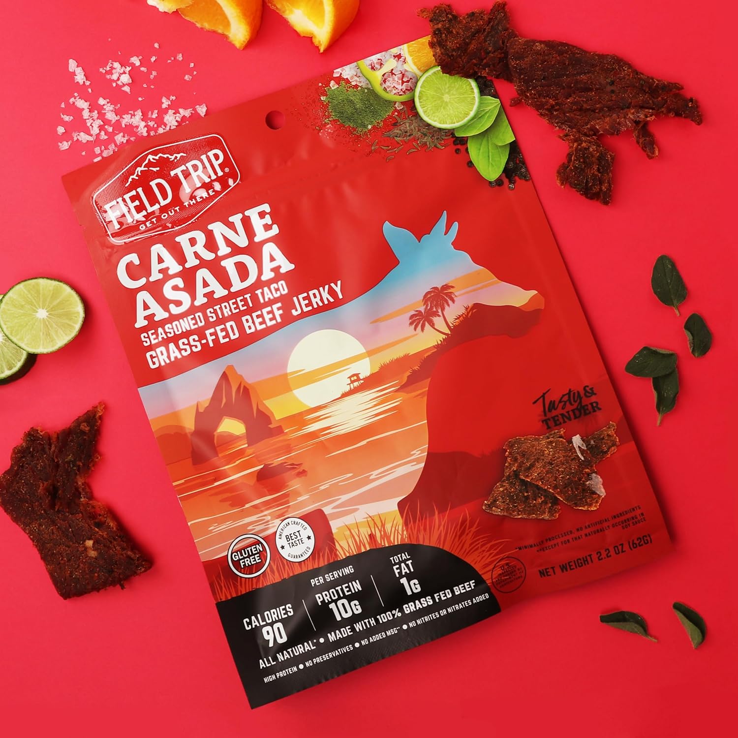 Field Trip Grass Fed Beef Jerky, Healthy Gluten Free Snacks, All Natural, High Protein, Low Carb Snack with No Nitrates, 2.2oz, 4 Pack, Carne Asada
