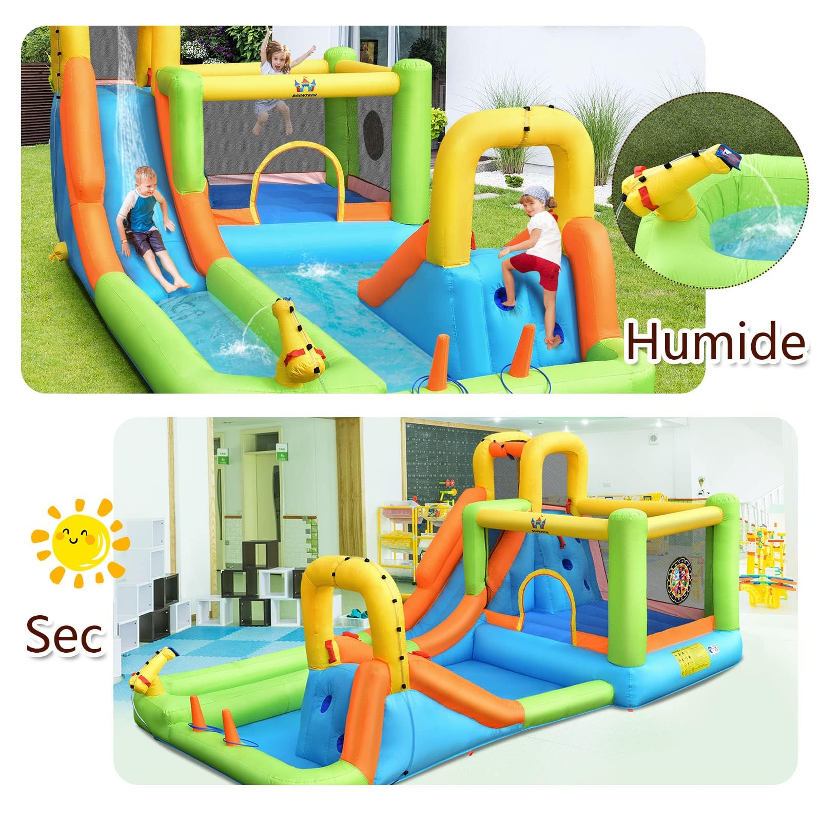 COSTWAY Château Gonflable 8 en 1 avec 2 Toboggans, Parc Aquatique avec Maison de Saut, Mur d'escalade, Panier de Basket, Sac de Transport, Charge 135kg pour 3 Enfants de 3-10 Ans