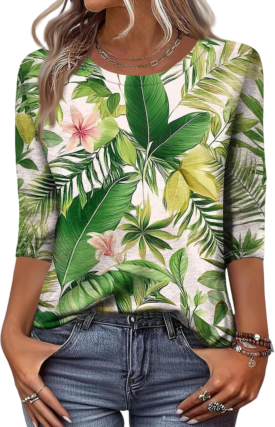 3/4 Length Sleeve Womens Tops Summer Plus Size Crewneck Sweatshirts Casual Graphic Three Quarter Sleeve Blouses