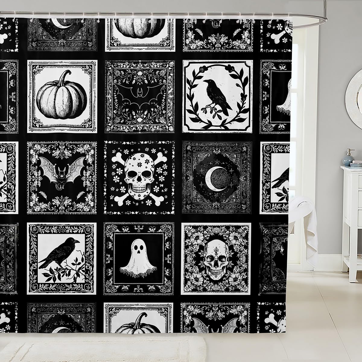 Rideau de douche Halloween grand format étanche avec crochets de bain