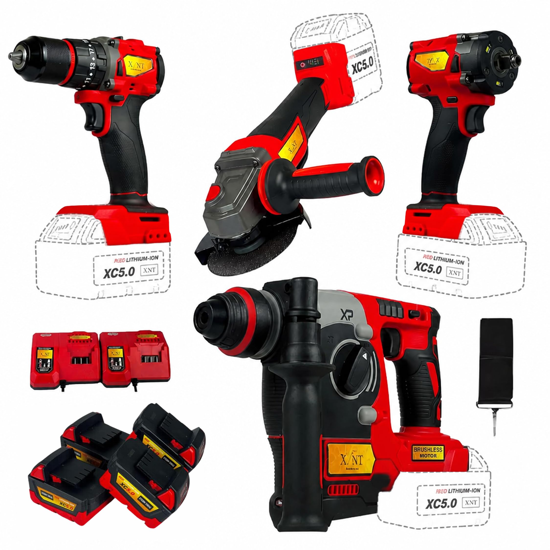 XLNT Cordless Power Tool Combo Kit, 4-in-1 13mm Drill Driver, Angle Grinder, 1/2-Inch Impact Wrench & Rotary Hammer, Brushless Motors, 4 Batteries, 2 Fast Chargers, BMC Case, XTCOM 138-4