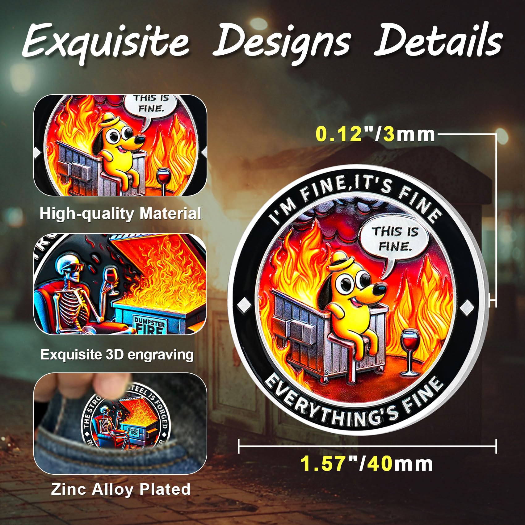 ACGZQY Dumpster Fire Coin, Humorous Resilience Fire Token with Dog Skull Design - Image 3