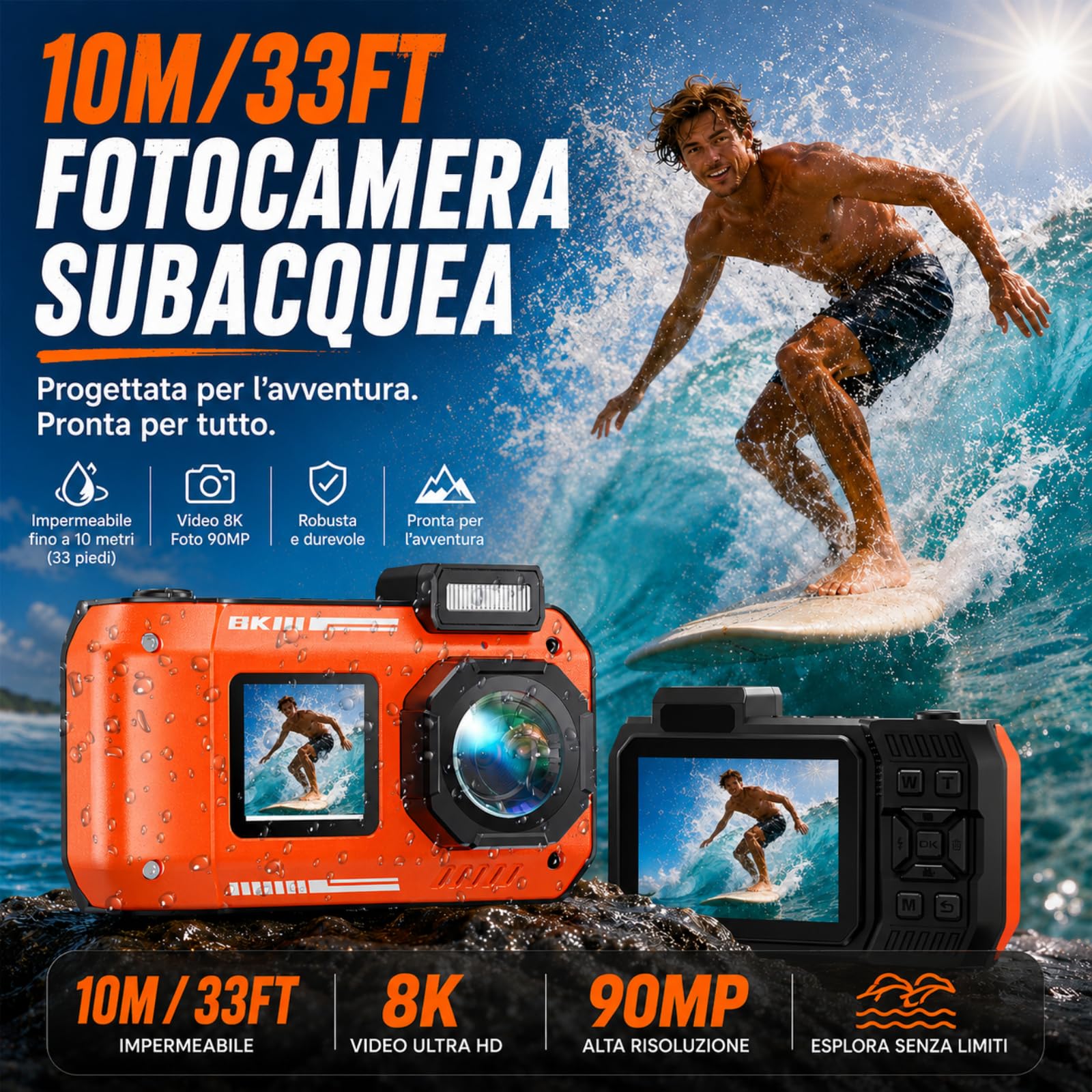 MaxMango D50 33FT Macchina Fotografica Subacquea Impermeabile, 8K 70MP Fotocamera Digitale con 16 GB di Scheda, Doppio Schermo 2.8'' per Selfie, 18x Zoom, Resistente a Polvere e Urti per Snorkeling