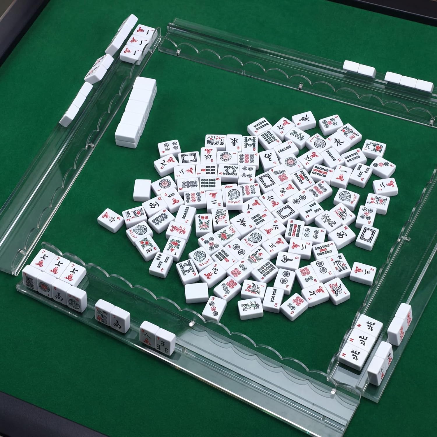 4 Pack Mahjong Tile Rack & Pusher Set, Acrylic All-in-one Holders, Magnetic Mahjong Racks for Organizing Tiles, Easy to Use for Home Game Nights (Scalloped Edge,Clear)