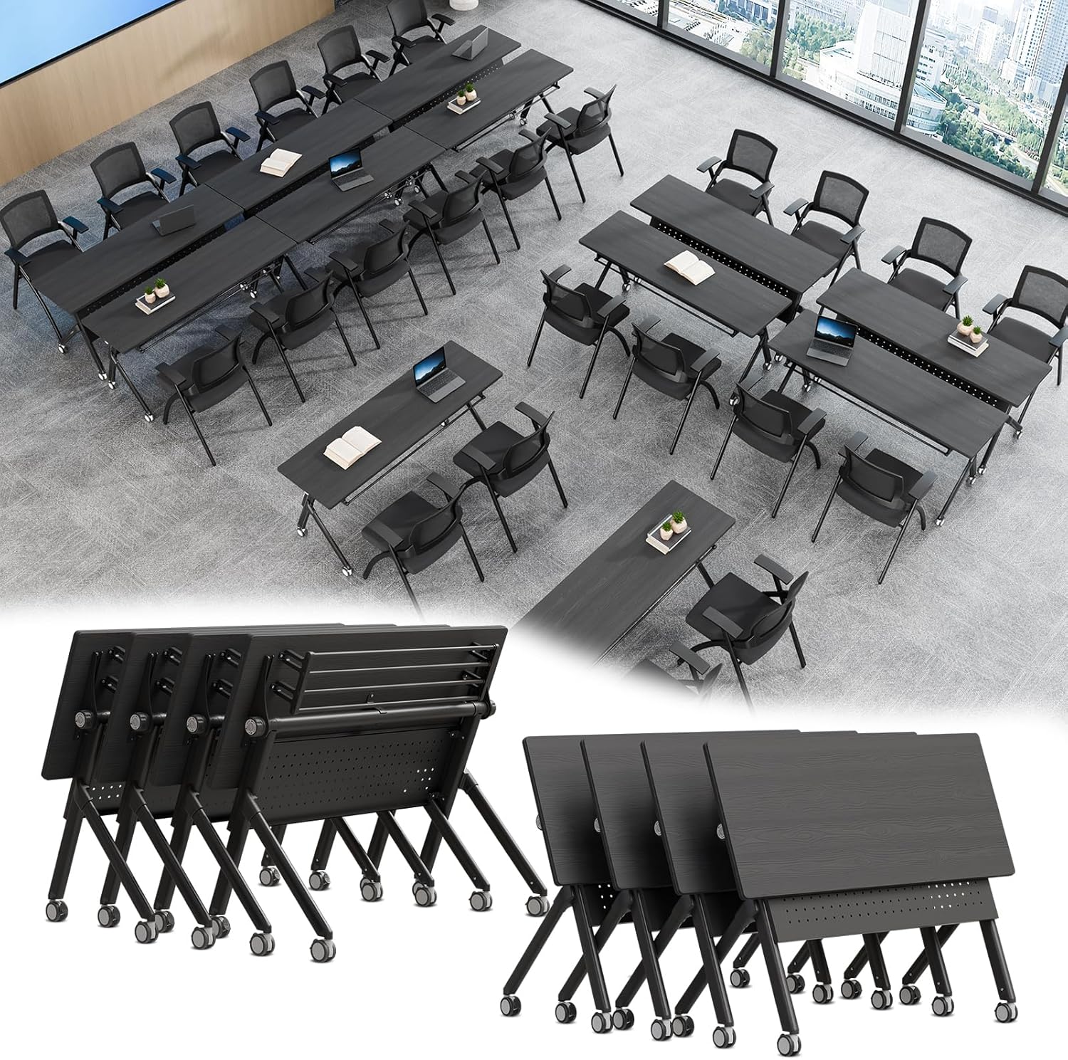 Folding Conference Room Tables Modular Seminar Conference Table with Wheels, 6-8 Person Foldable Fan-shaped Training Table for Office Dynamic Classroom, Stackable & Reconfigurable Meeting Tables