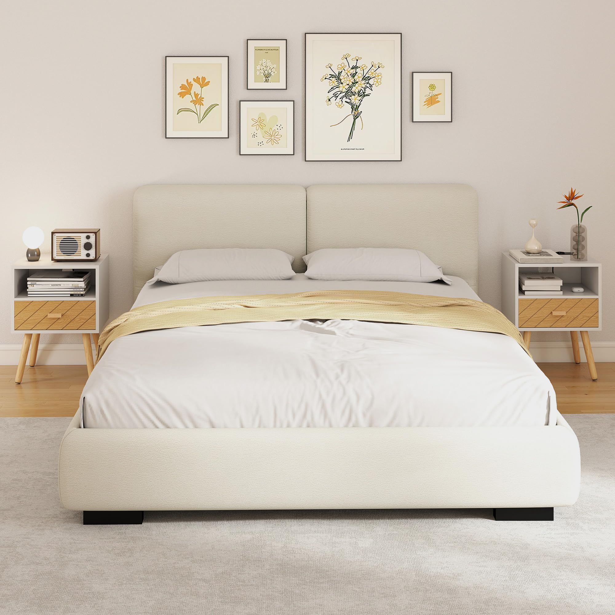 HOMCOM Mesita de Noche con Estación de Carga, Mesilla de Noche con Cajón, 2 Tomas AC, Puerto USB y Tipo-C, Compartimento Abierto, Patas de Madera, para Salón, Dormitorio, Blanco
