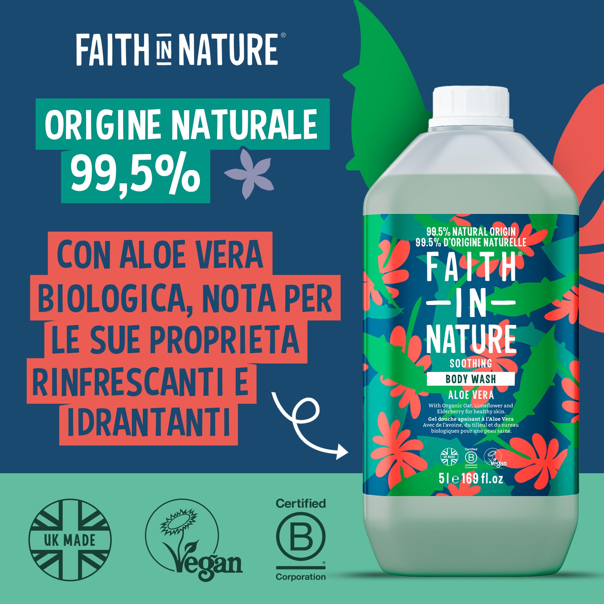 Faith In Nature Gel Doccia Naturale all’Aloe Vera, Lenitivo, Vegano e Cruelty Free, Senza SLS e Parabeni, Ricarica da 5 L