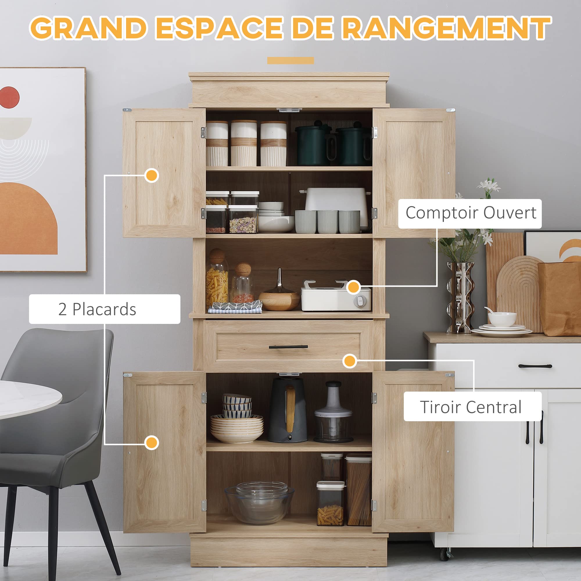 HOMCOM Armadio da cucina credenza cucina cucina stoviglie armadio stile moderno con armadi ripiani regolabili cassetto e nicchia, per sala da pranzo, soggiorno, 74 x 39,5 x 183 cm, rovere chiaro
