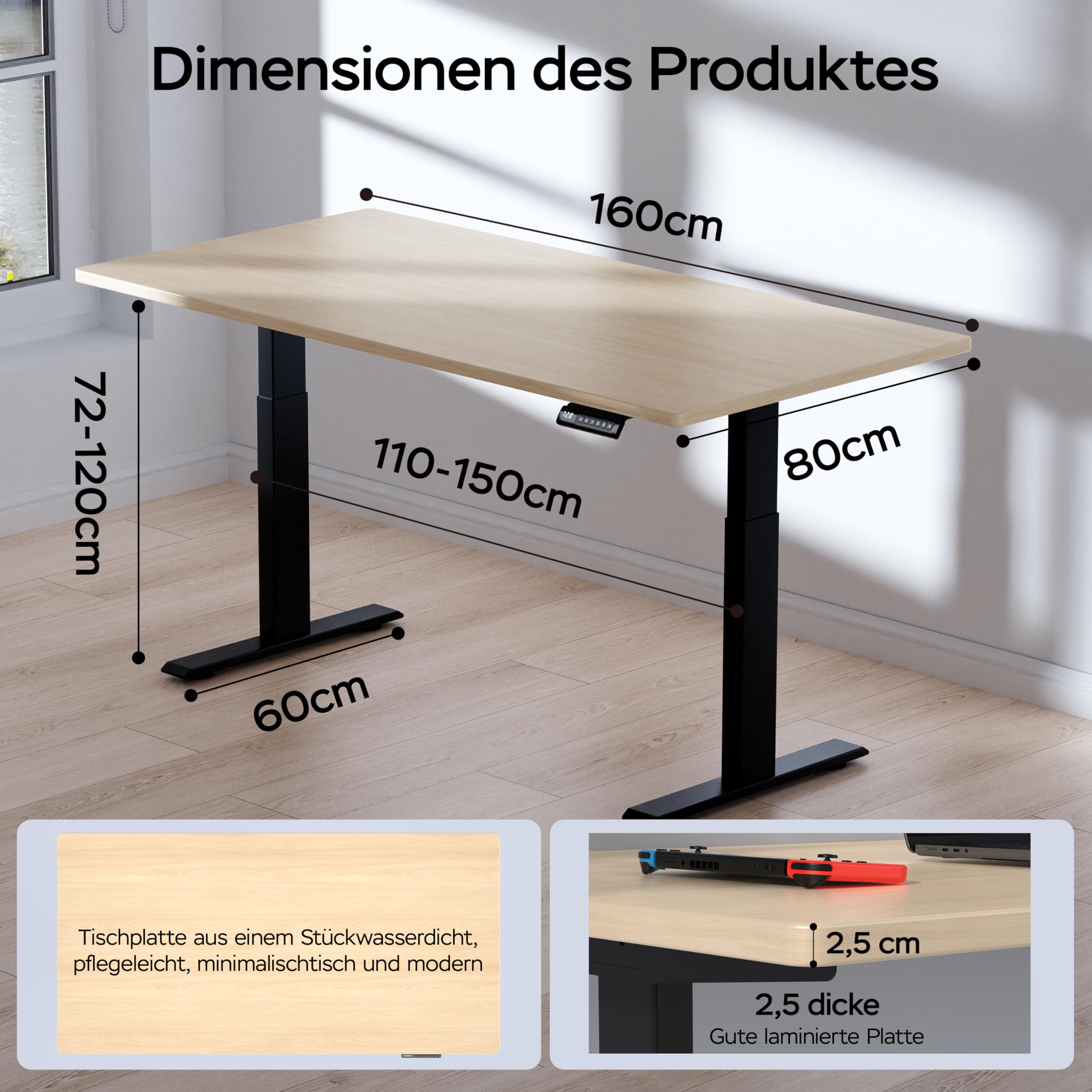 Höhenverstellbarer Doppelmotor Schreibtisch 25MM Einteilige Tischplatte, Intelligente Steuerung mit 4 Speicher1 35kg Tragfähigkeit, Leise <45dB (Beige + Schwarz, 160cmX80cm)