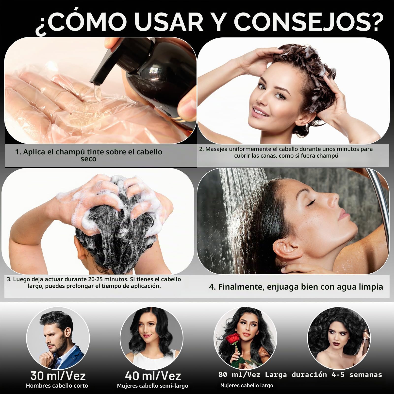 Hair Dye Shampoo 3 en 1 Cubre Canas, 500ML Black Hair Dye Shampoo 3 en...