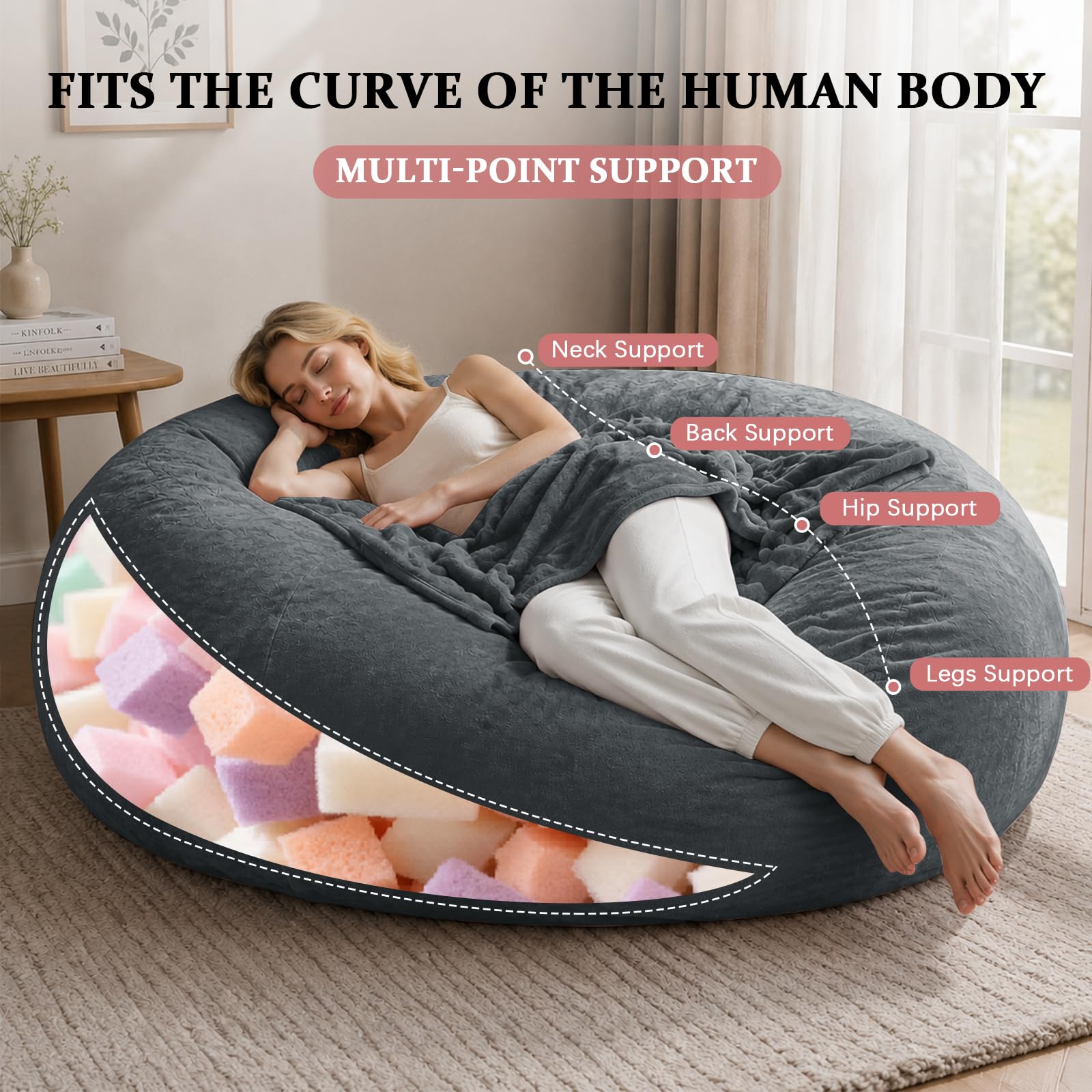 Chaises Big Bean Bag pour Adultes,Sac de Haricot avec Remplissage Inclus,Mousse,géant,Convient aux chaises de Lecture dans Le Salon,la Chambre et Le dortoir. (Dark Gray, 6FT)