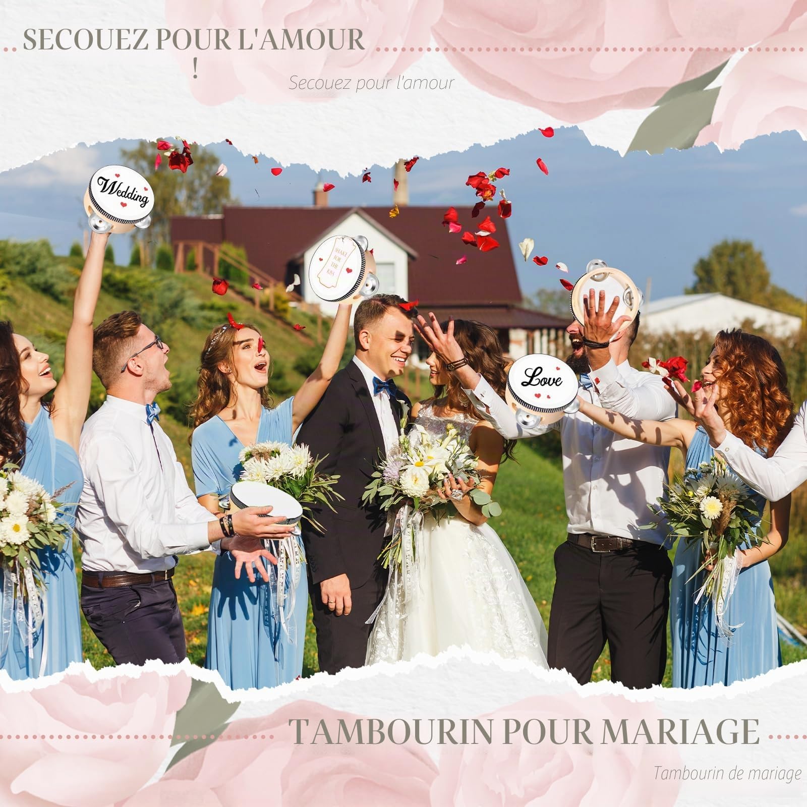 Lot de 36 tambourins de mariage en vrac de 10,2 cm pour adultes - Tambourin à main en bois avec jingles en métal, étiquettes cadeaux, instrument de musique pour église, fête de mariage