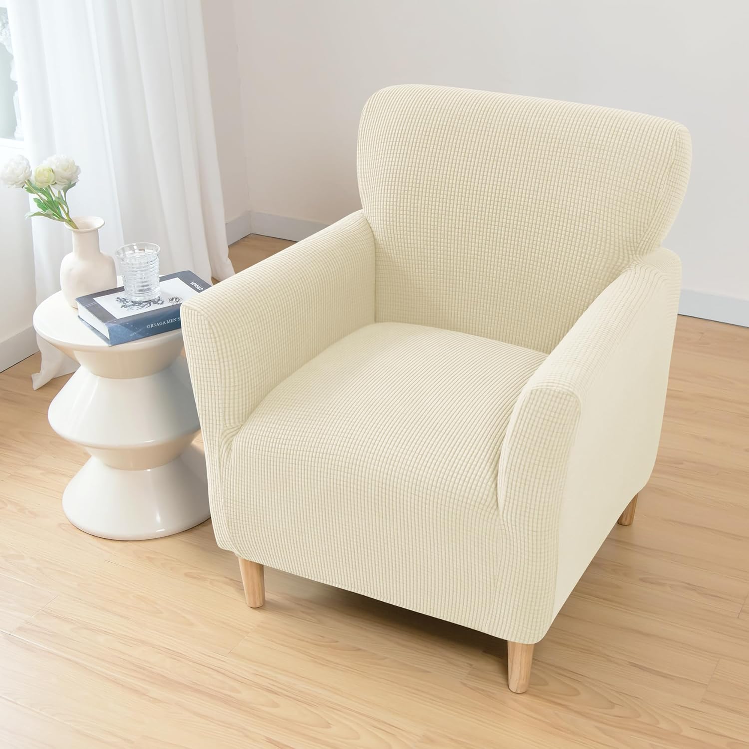 Stretch Armchair Slipcovers, 1-Piece Banquet Armchair Covers Soft Jacquard Chair Slipcover with Arms Furniture Protector for Living Room Bedroom (Beige)