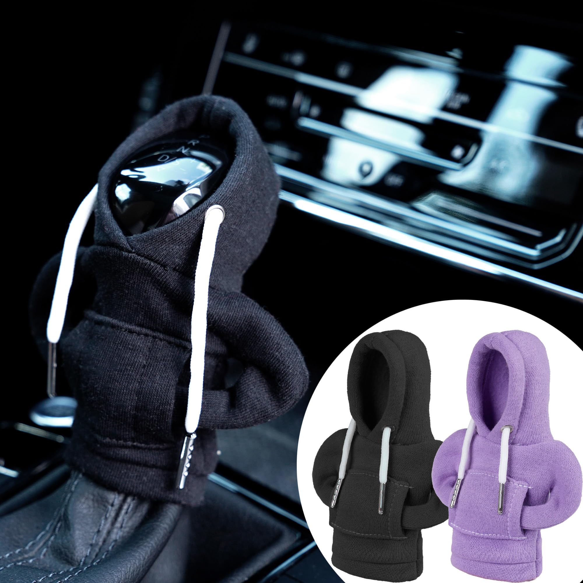 2PCS Felpa Con Cappuccio Pomello Del Cambio, Nero&Viola Copertura Del Cambio Per Auto Universale, Creatività Decorazione Pomello Cambio, Regali Per Accessori Interni Auto