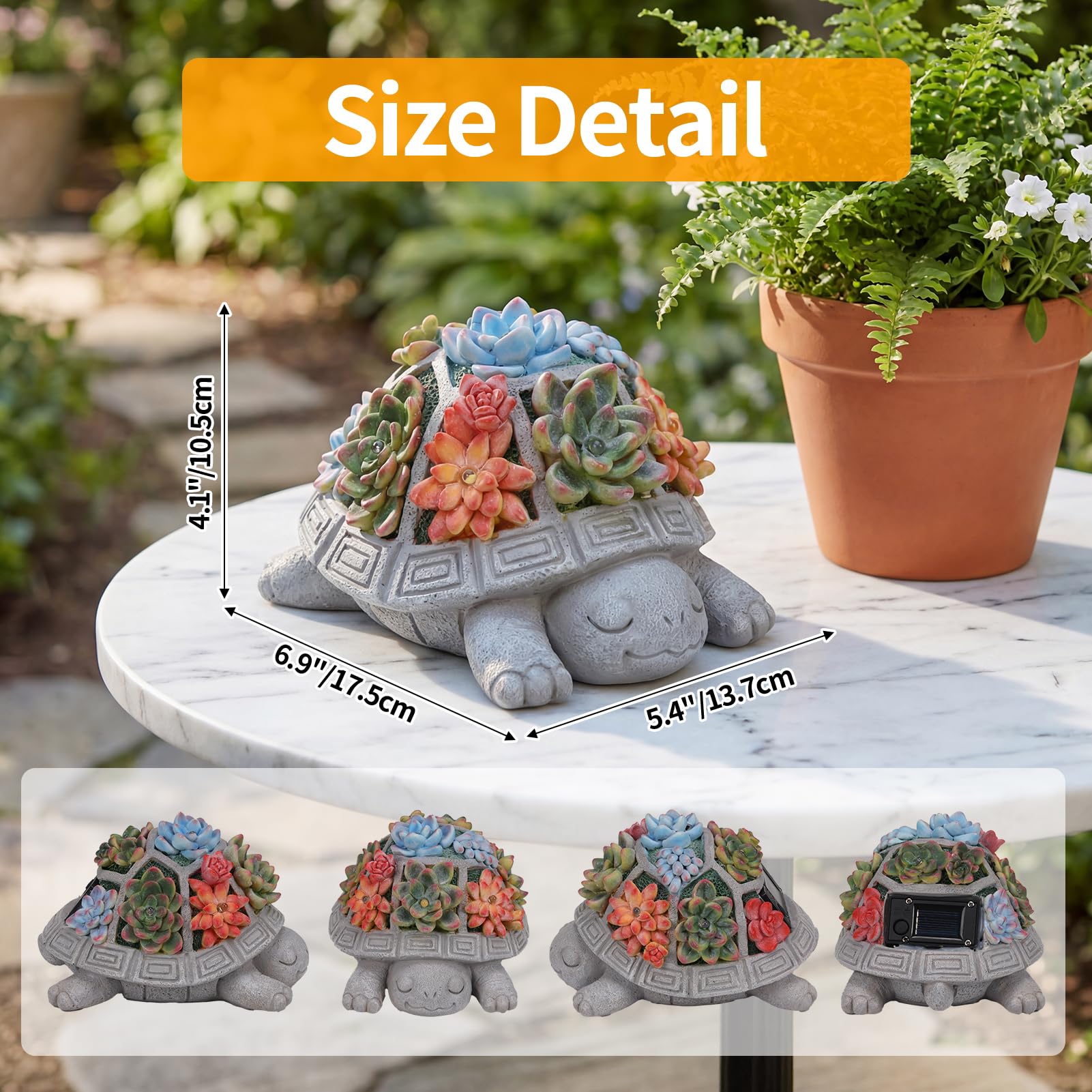 Snclriao Solar Turtle Garden Outdoor Decor with Succulent & 7 LED Lights – Outside Tortoise Statue Decor for Yard Patio Balcony & Backyard - Home House Decoration Art- Gift for Women Mom & Grandma - 4