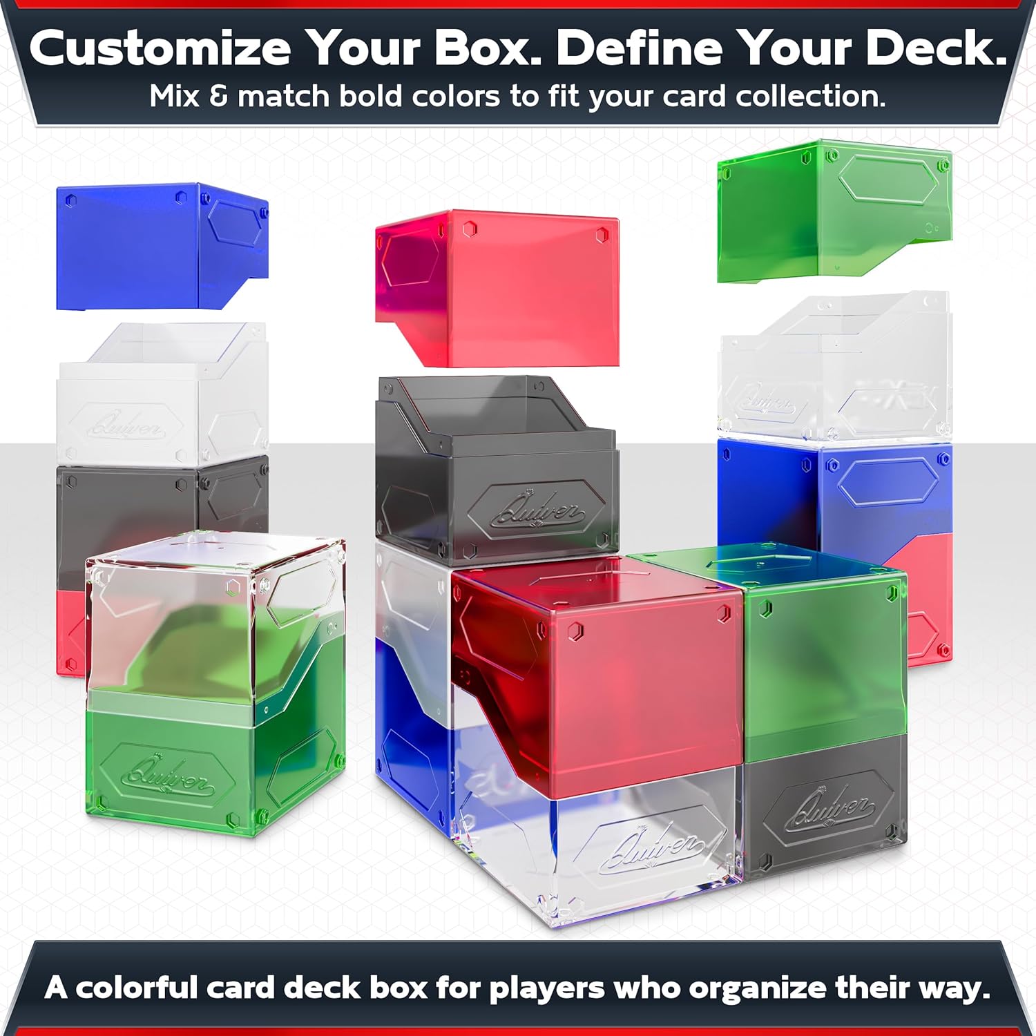 Quiver Time 360° Modular Nexus DeckBlock - Durable Stackable MTG Deck Box for Commander fits 100+ Cards | Stylish 100 Card Deck Box MTG | Interchangeable TCG Decks Boxes (6 pcs, WUBRG + Clear)