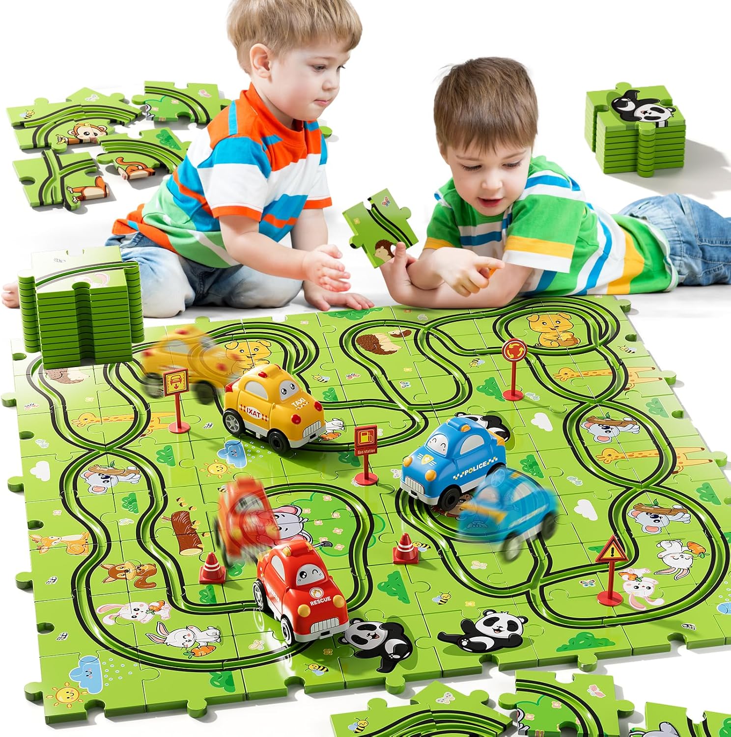 Bennol Toddler Car Toys Gifts for 2 3 4 5 Year Old Boys 73PCS Jigsaw Puzzle Race Track Car Set Toys for Kids Toddlers 1-3 2-4 3-5 4-6 Puzzle Race Car Tracks Birthday Gifts for 2 3 4 5 Year Old Boy