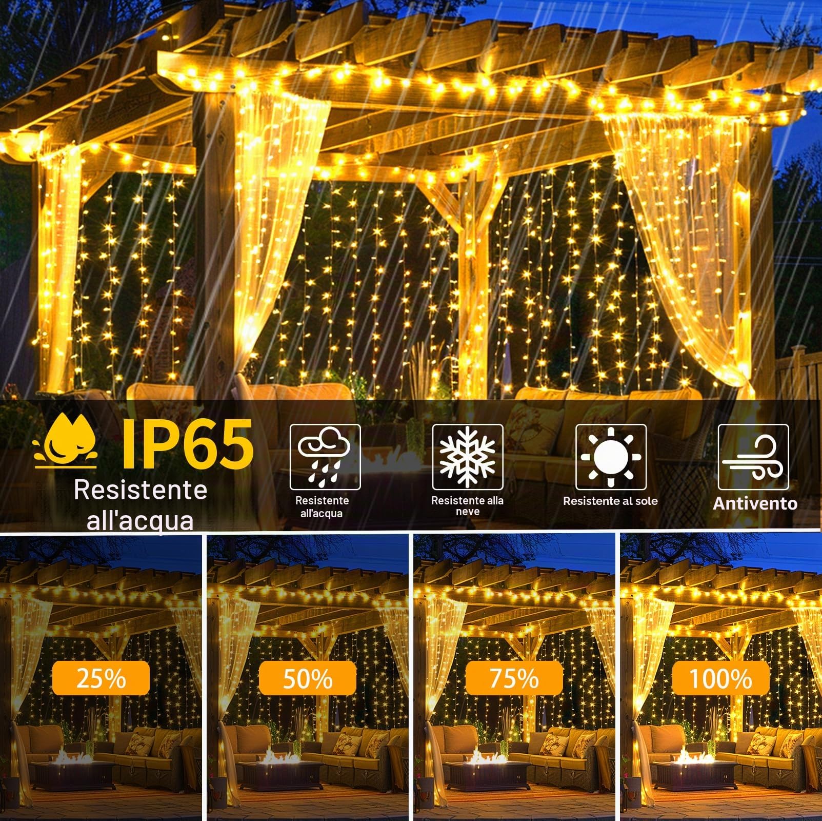 1200mAh Solare Tenda Luminosa Natale Esterno Interno, 6x3M 600LED Impermeabile con 8 Modalità, Timer e Memoria, IP65