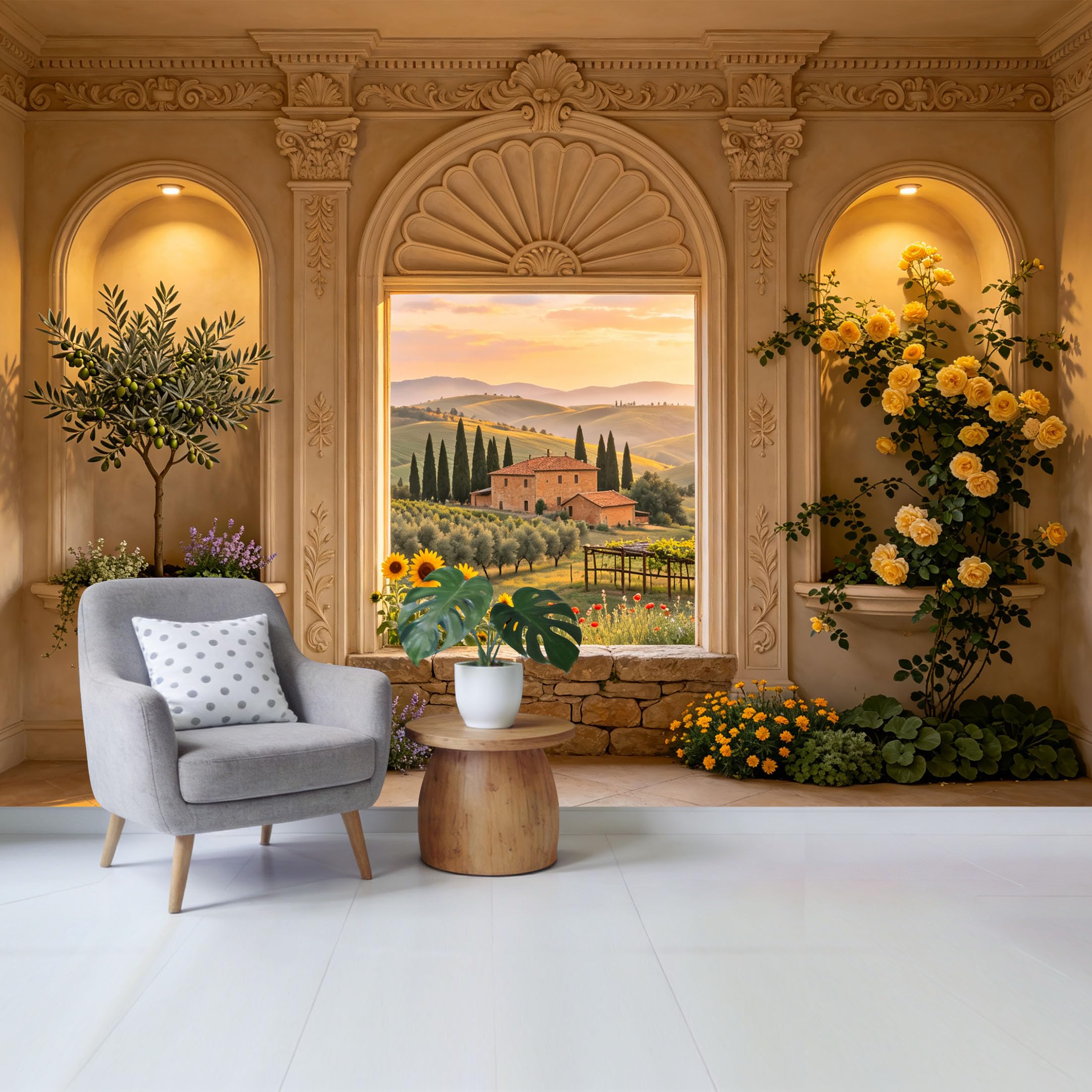Custom Size Wall Mural Mediterranean Landscape Window View Tuscany Countryside Sunflowers Olive Trees Vintage Botanical Removable Self Adhesive Fabric Home Wall Decor for Living Room Bedroom